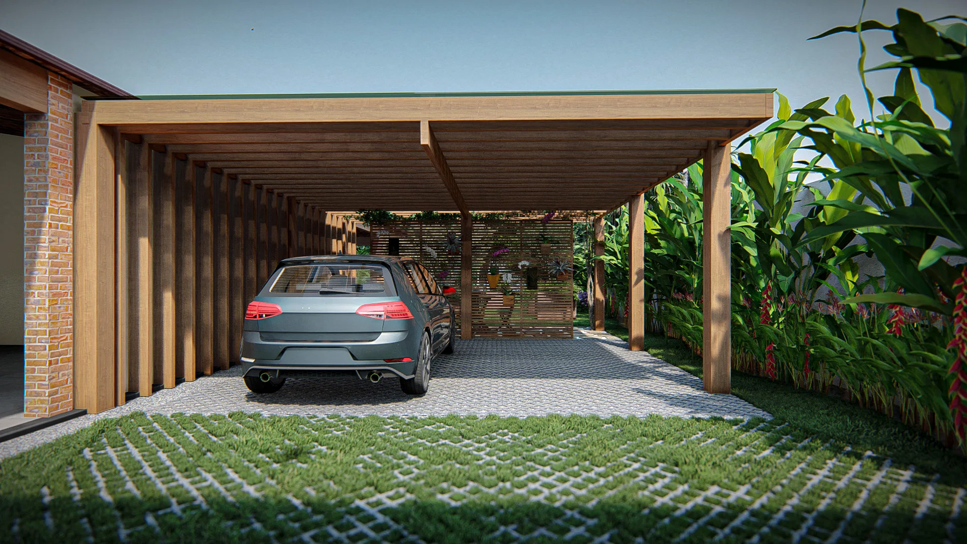 Carport coberto por estrutura de madeira com carro estacionado, piso drenante gramado e canteiro florido ao lado