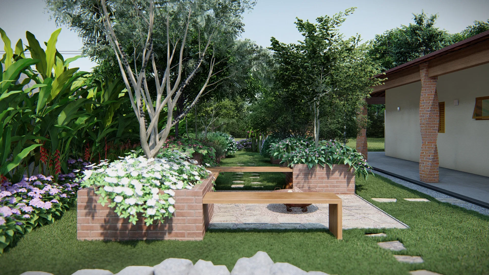 Floreiras de tijolo com arbustos floridos brancos, banco de madeira e faixa de espelho d'água entre o jardim e a casa