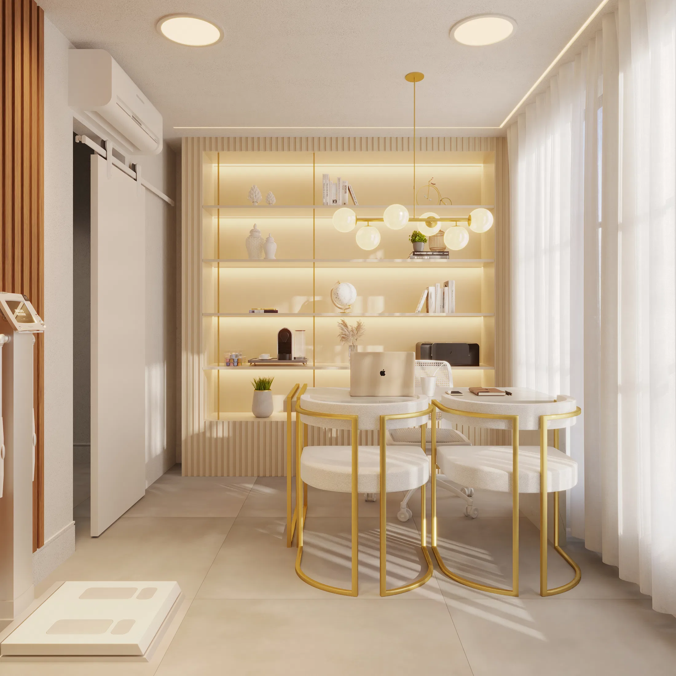 Sala de atendimento com estante ripada iluminada exibindo objetos decorativos, mesa redonda de mármore com poltronas estofadas em bege e aparelho sobre suporte