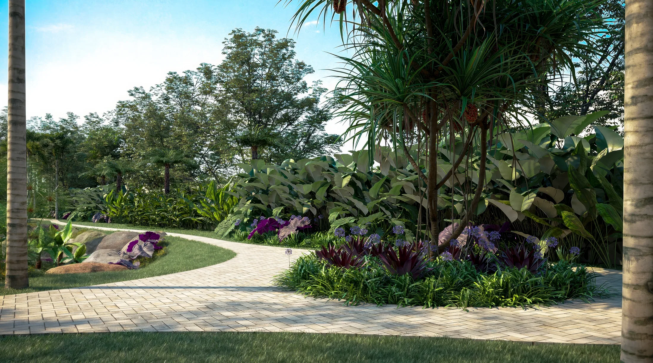 Caminho sinuoso pavimentado atravessando o jardim tropical, com dracena, agapantos e bromélias púrpura entre folhagens largas