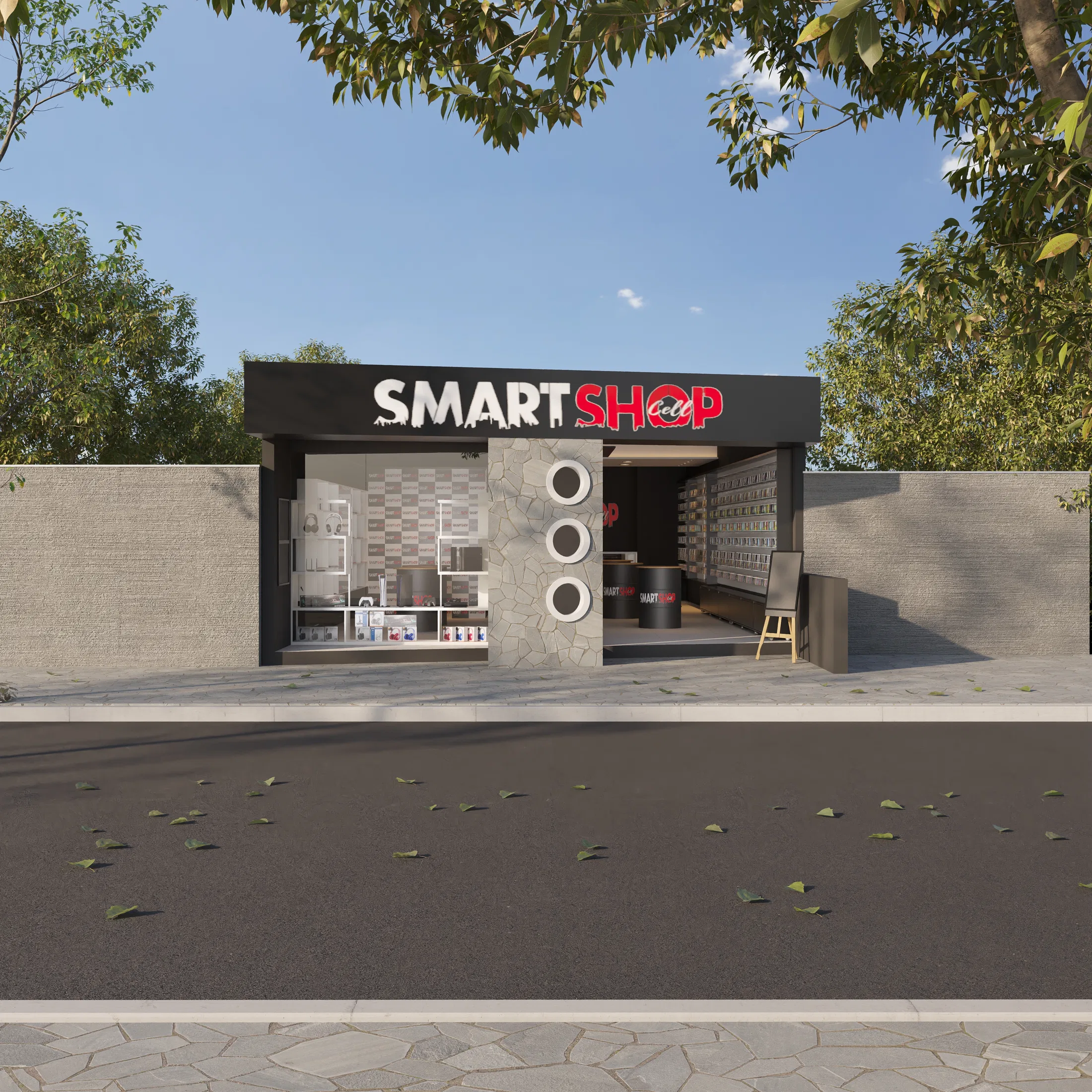 Fachada de loja com letreiro Smart Shop, vitrine aberta e árvores emoldurando a calçada em dia ensolarado