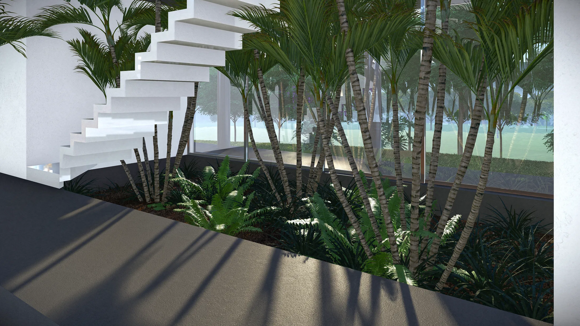 Escada interna de concreto branco em degraus flutuantes junto a um jardim de palmeiras e samambaias contra a parede envidraçada