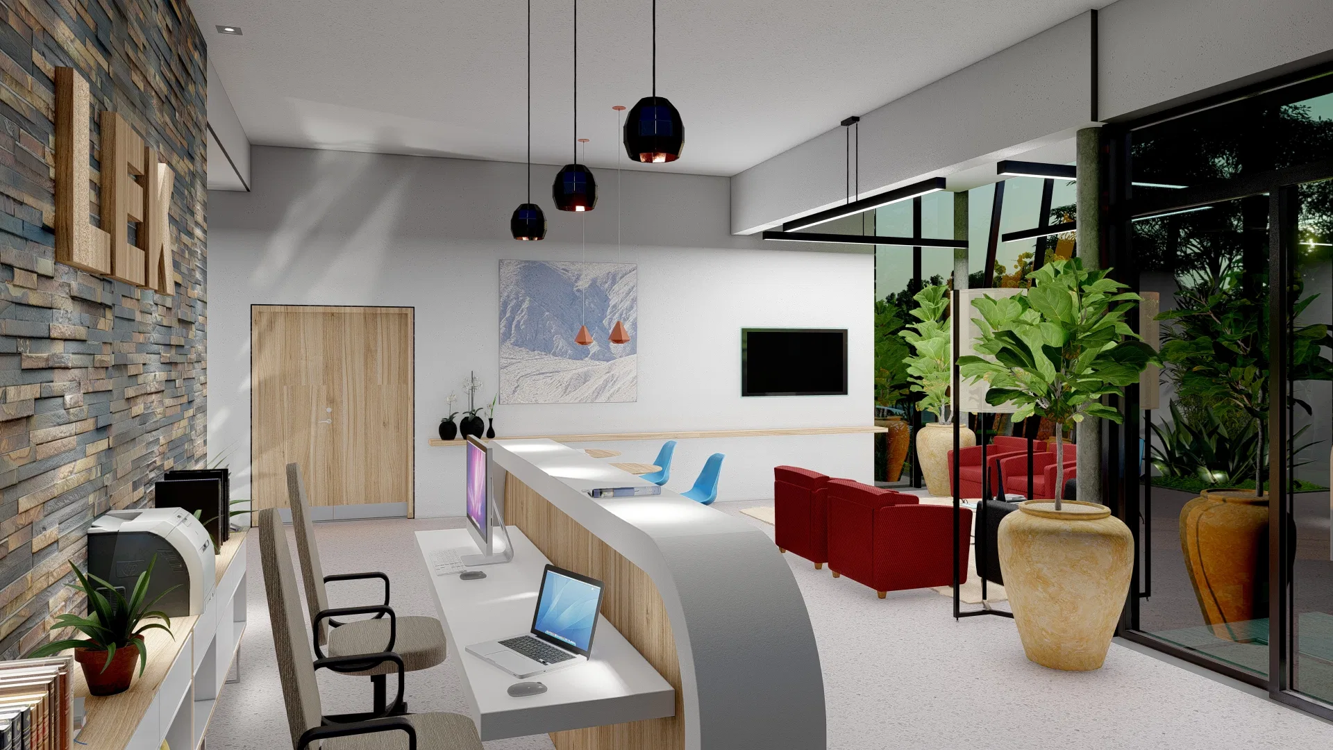 Ambiente de trabalho aberto com bancada branca curva, computadores e cadeiras, parede de pedra, poltronas vermelhas e vidro voltado para um pátio arborizado