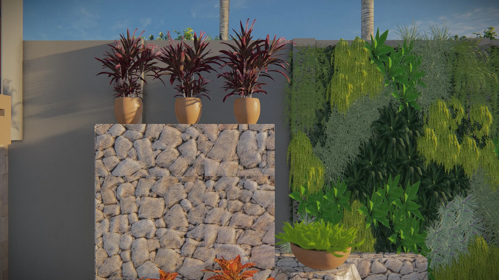 Detalhe de vasos com plantas de folhas vermelhas sobre painel de pedra rústica, ao lado de jardim vertical