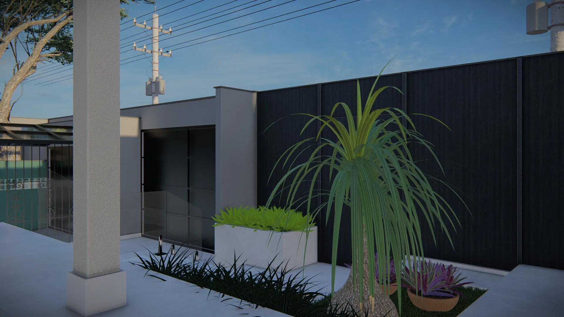 Fachada lateral de casa com muro escuro em madeira, jardineira elevada e planta de folhas longas em destaque