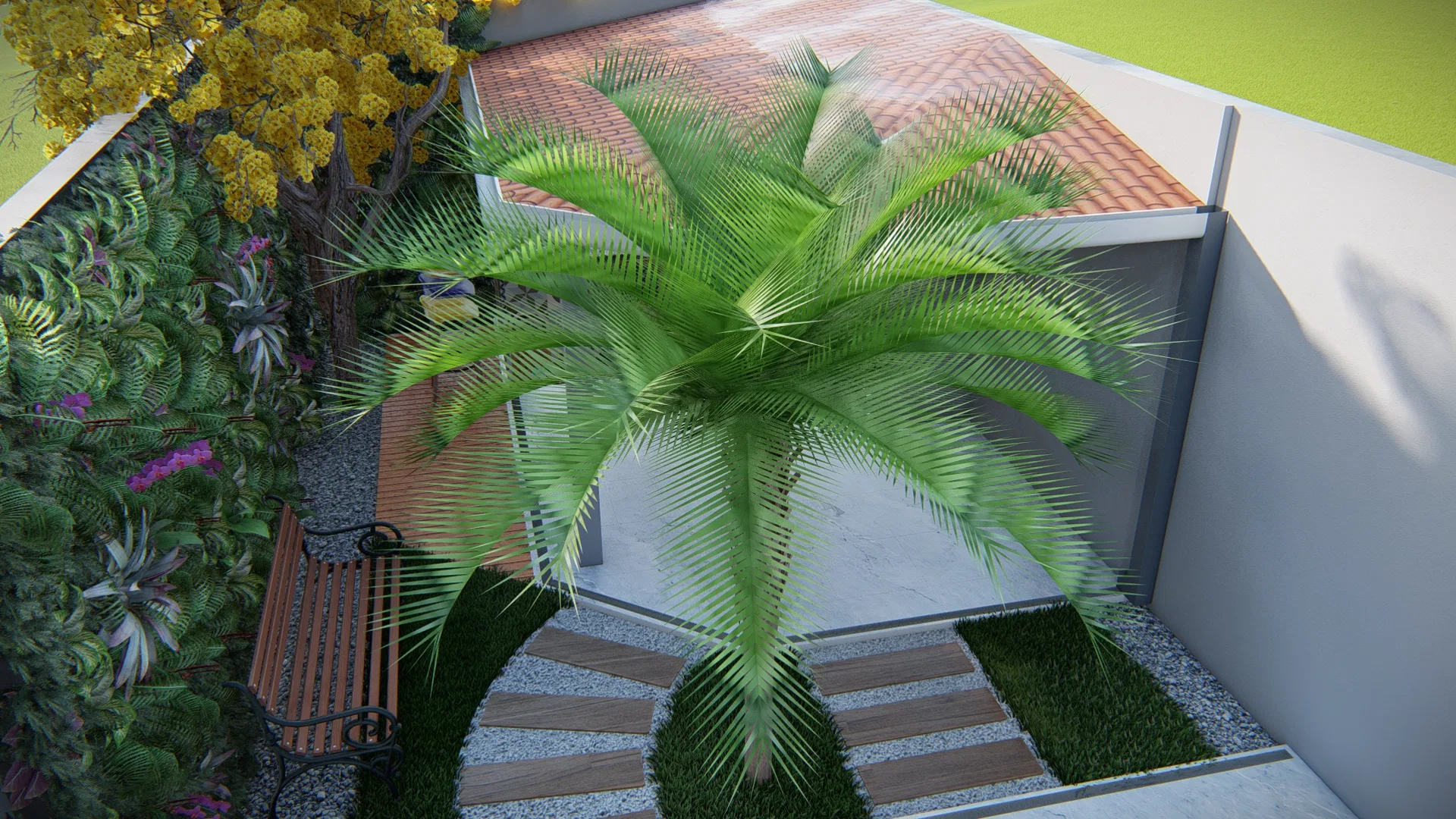 Vista aérea oblíqua do pátio, com palmeira de folhas radiais, telhado cerâmico, trilha de pedras e muro perimetral