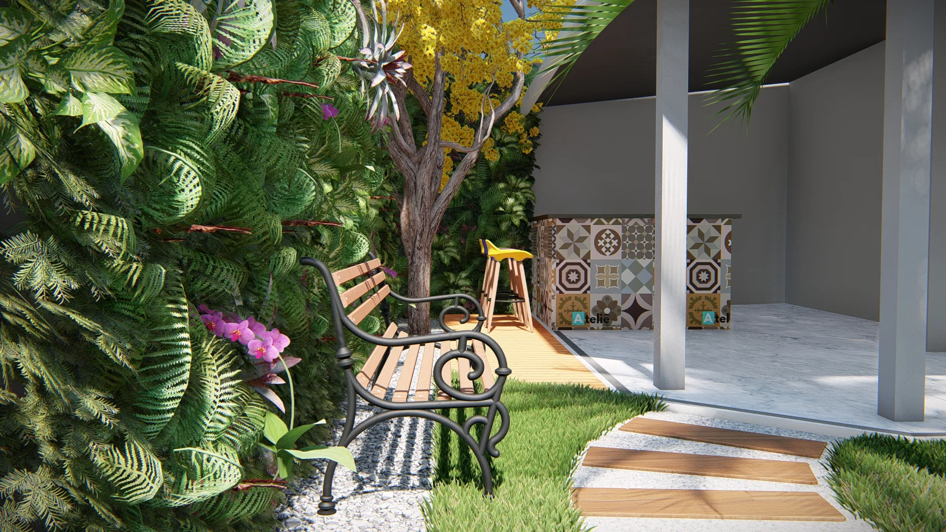 Jardim vertical de folhagens tropicais e orquídeas rosadas ao lado de banco de madeira e bancada revestida de ladrilho hidráulico