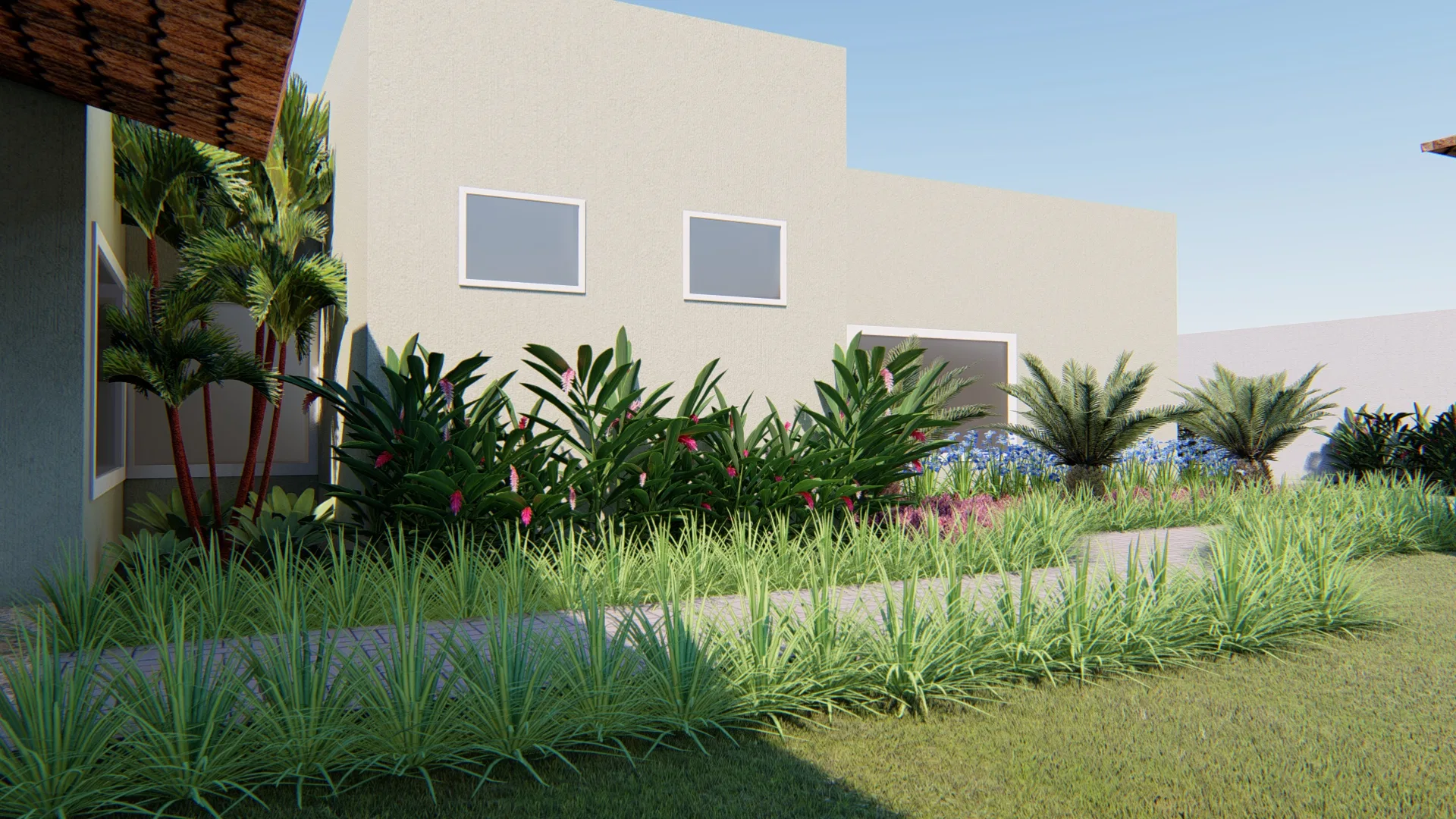 Fachada da residência com canteiro tropical de folhagens variegadas, palmeiras e touceiras de flores azuis junto à entrada