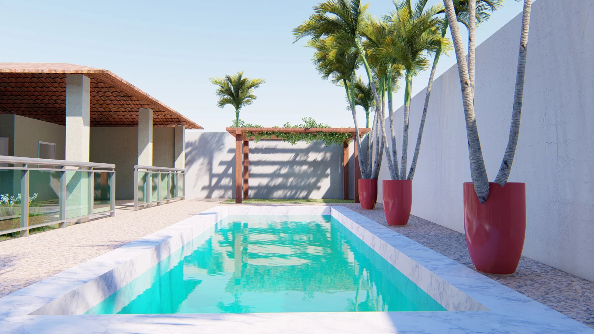 Piscina com deck em pedra clara, vasos vermelhos com palmeiras e pergolado de madeira apoiado no muro lateral