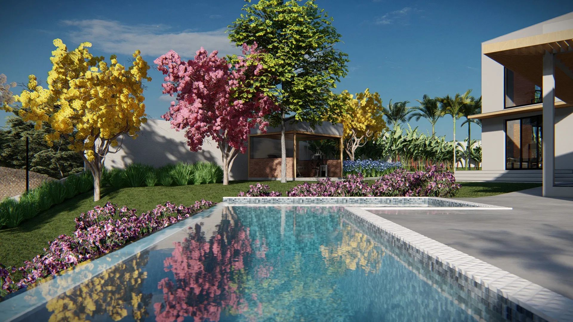 Piscina de borda infinita refletindo árvores floridas em amarelo e rosa, com pergolado de madeira e canteiro de flores roxas na lateral
