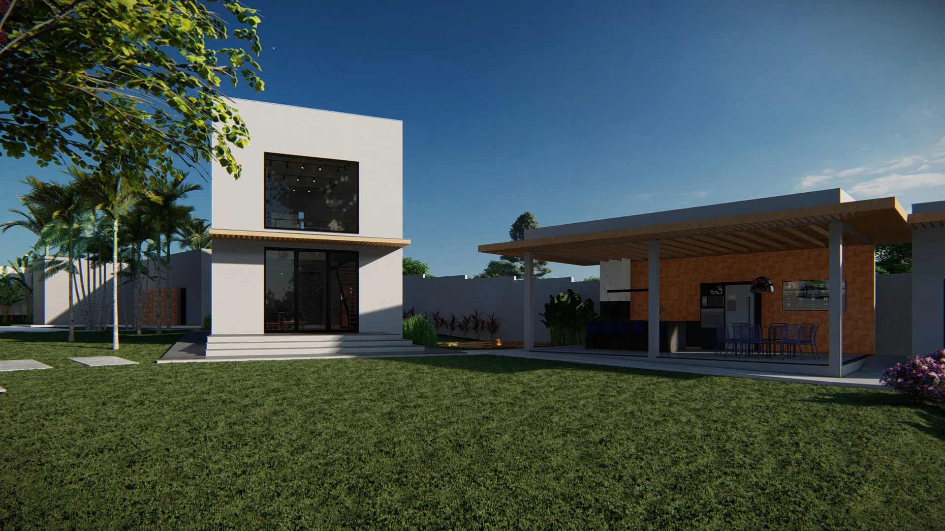 Fachada lateral com volume branco de dois pavimentos e área de estar coberta em pergolado com revestimento cimentício alaranjado