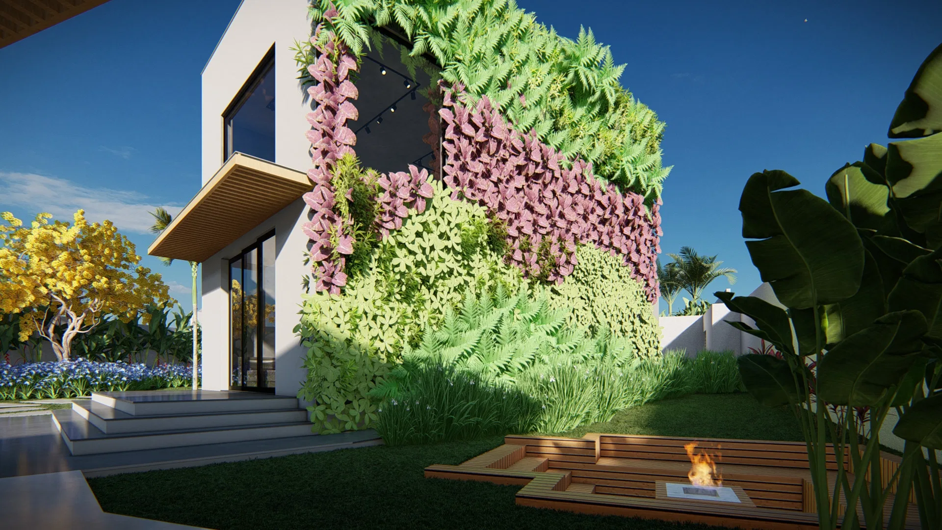 Painel de jardim vertical com samambaias e coleus rosa ao lado de deck de madeira com lareira externa embutida no gramado