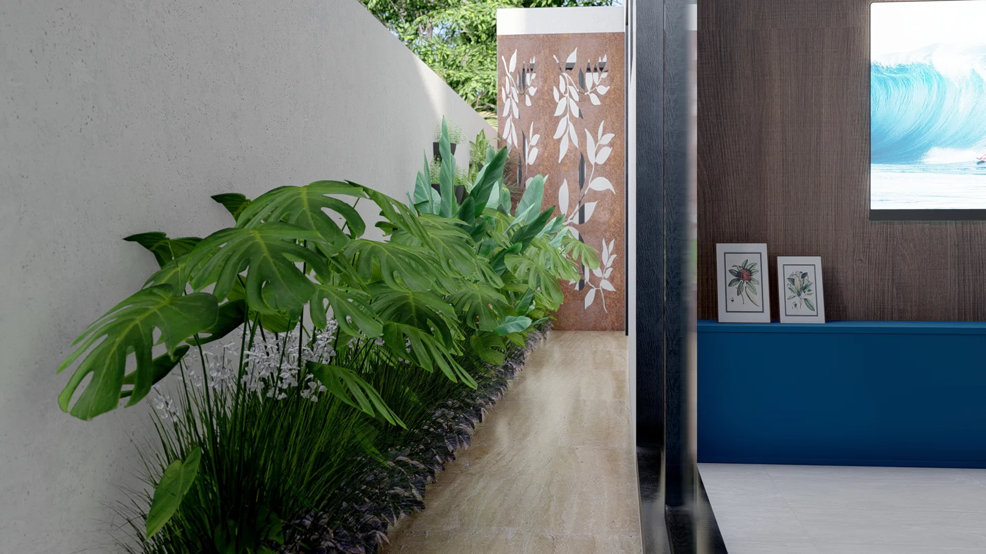 Ambiente interno com canteiro de monsteras, folhagens e flores brancas sobre pedras, junto a painel com recorte de folhas e parede em madeira com quadros