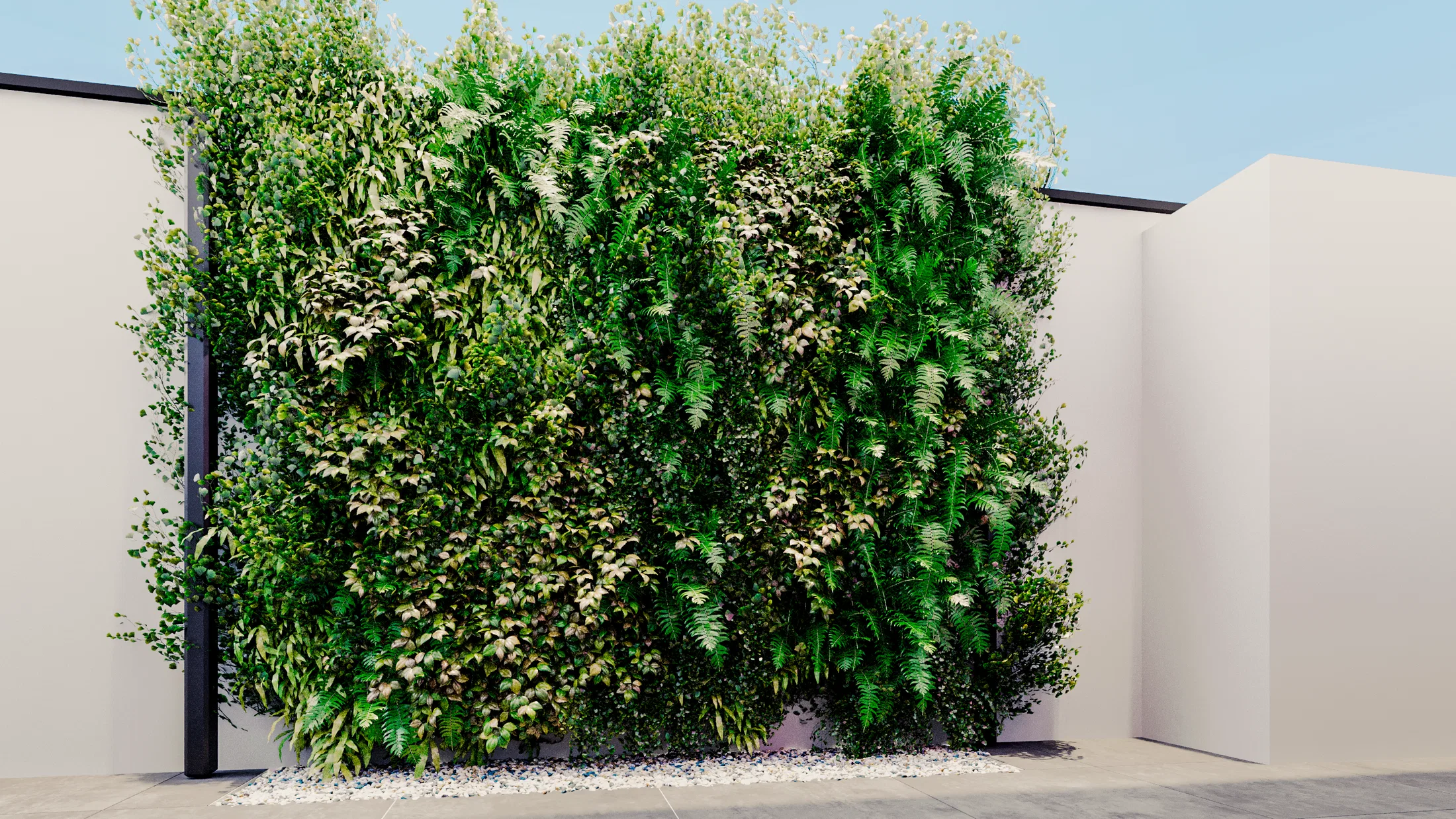 Painel de jardim vertical com folhagens variadas cobrindo totalmente um trecho do muro externo