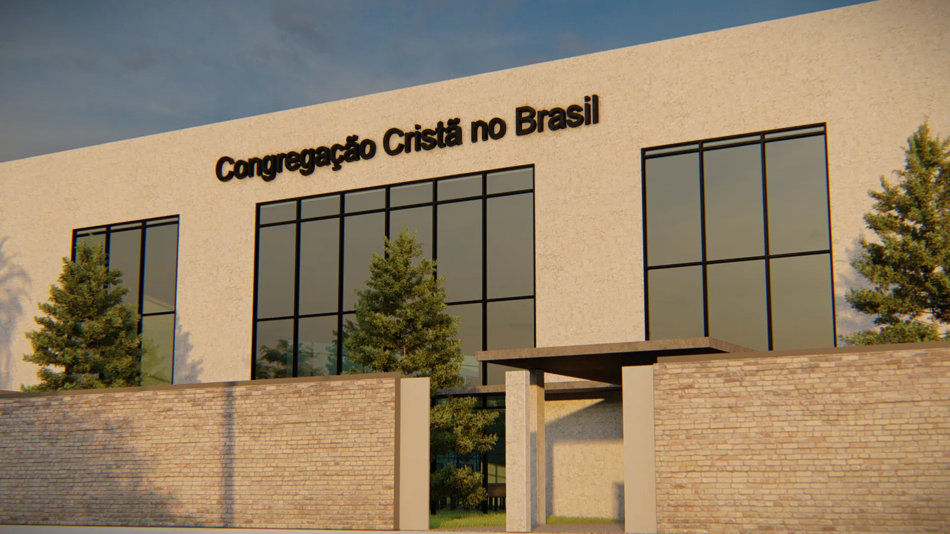 Fachada frontal bege com grandes esquadrias escuras e o letreiro institucional da Congregação Cristã no Brasil, entre coníferas e muro de pedra