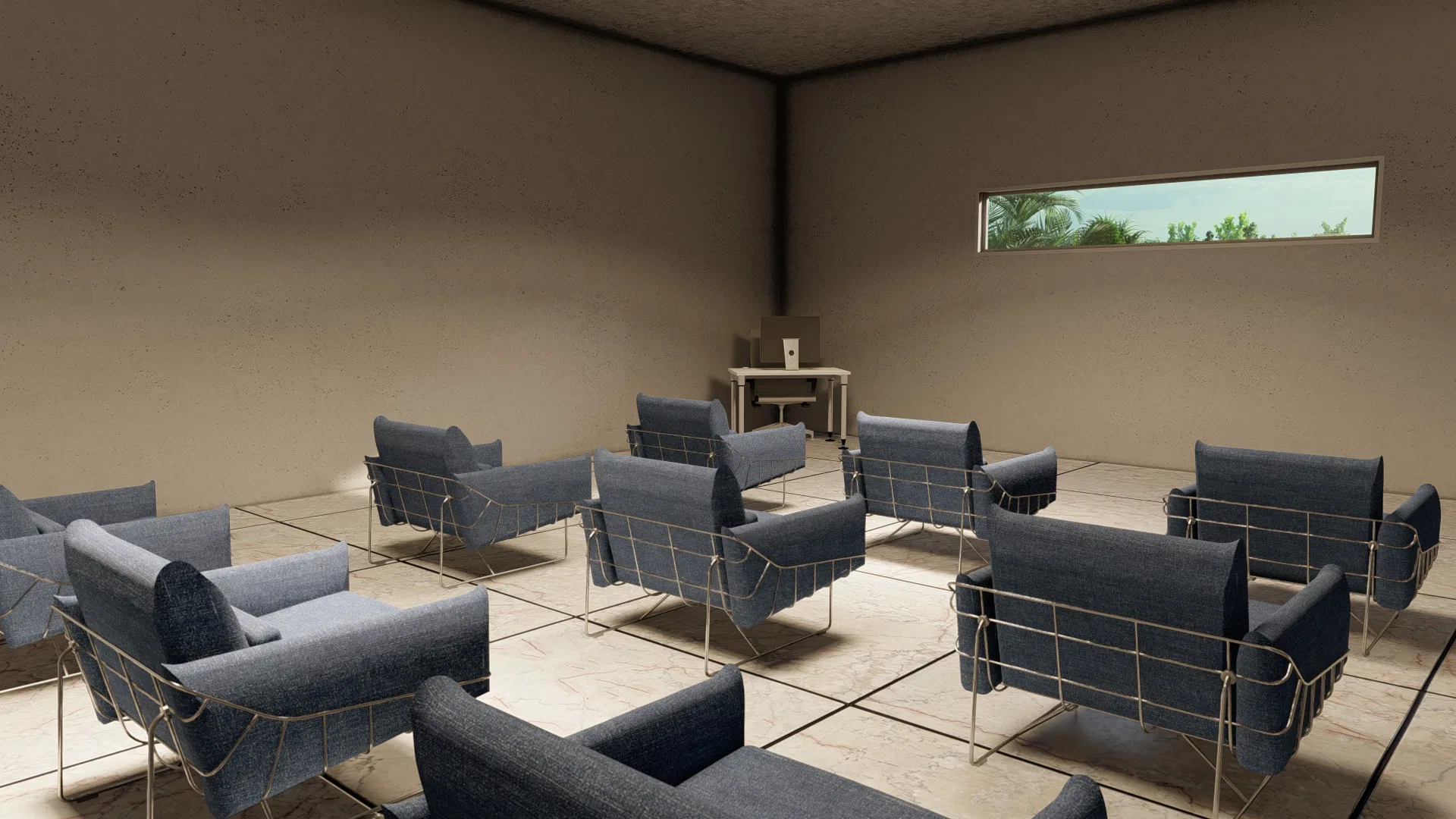 Sala de pequenos grupos com poltronas azuis de estrutura metálica dispostas em roda, mesa de apoio ao fundo e janela horizontal para a vegetação