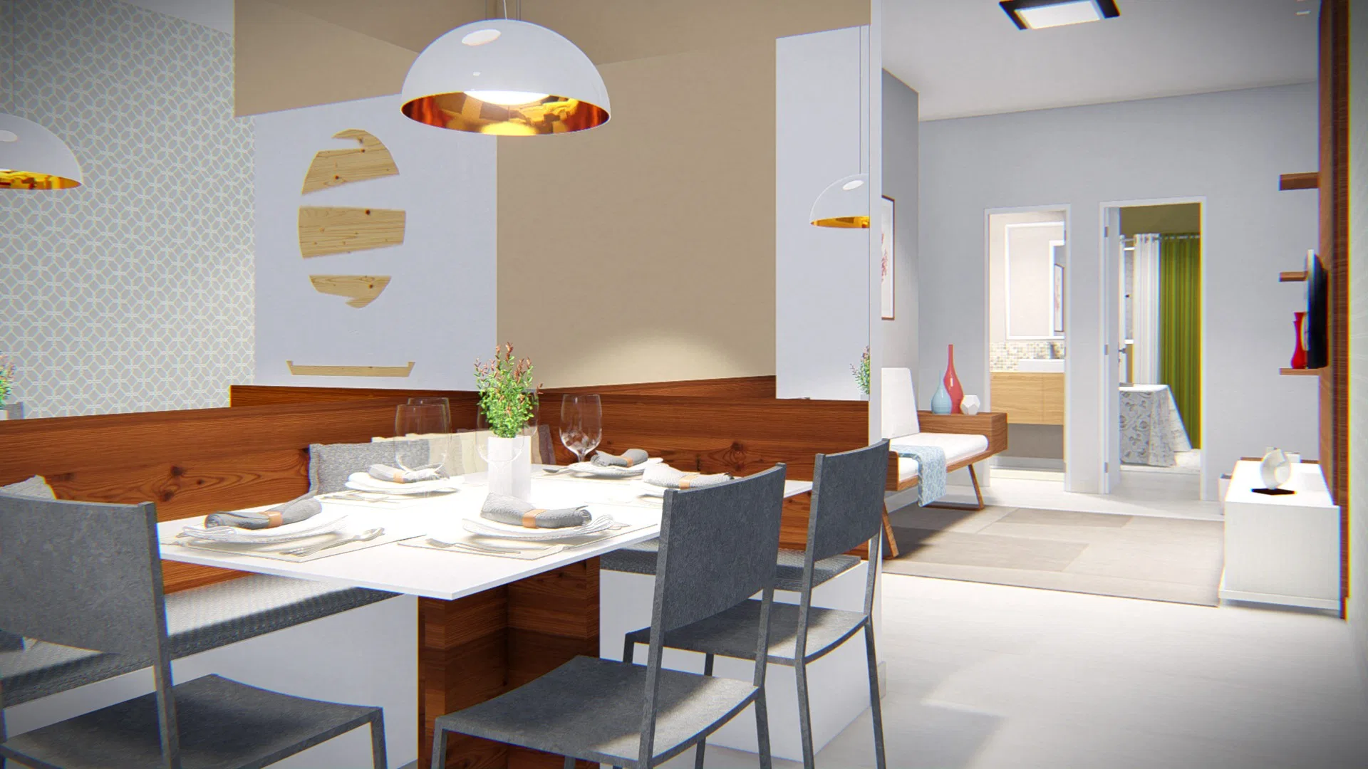 Sala de jantar com mesa branca, banco de madeira encostado à parede, cadeiras cinza e luminárias pendentes em domo de cobre