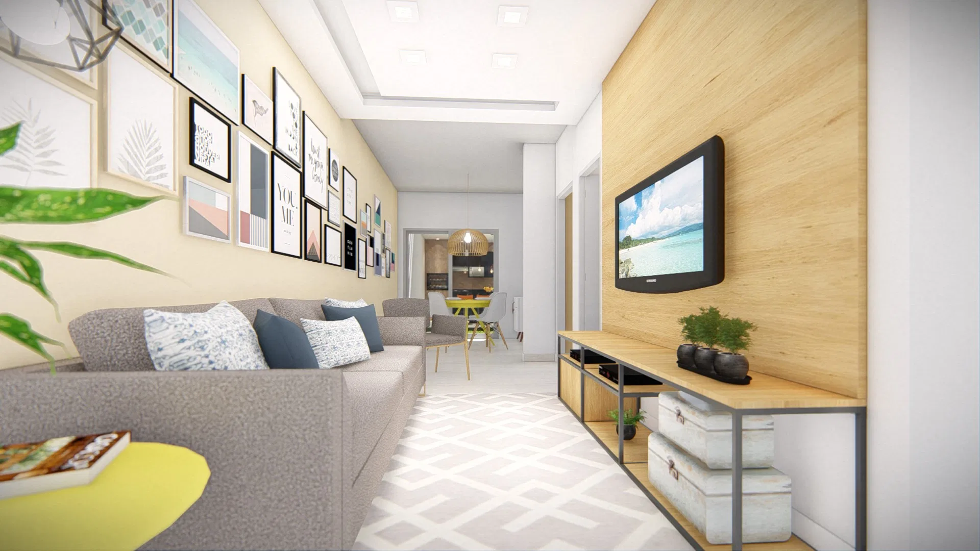 Living estreito com sofá cinza em L, parede-galeria de quadros e painel de madeira com TV sobre aparador de estilo industrial