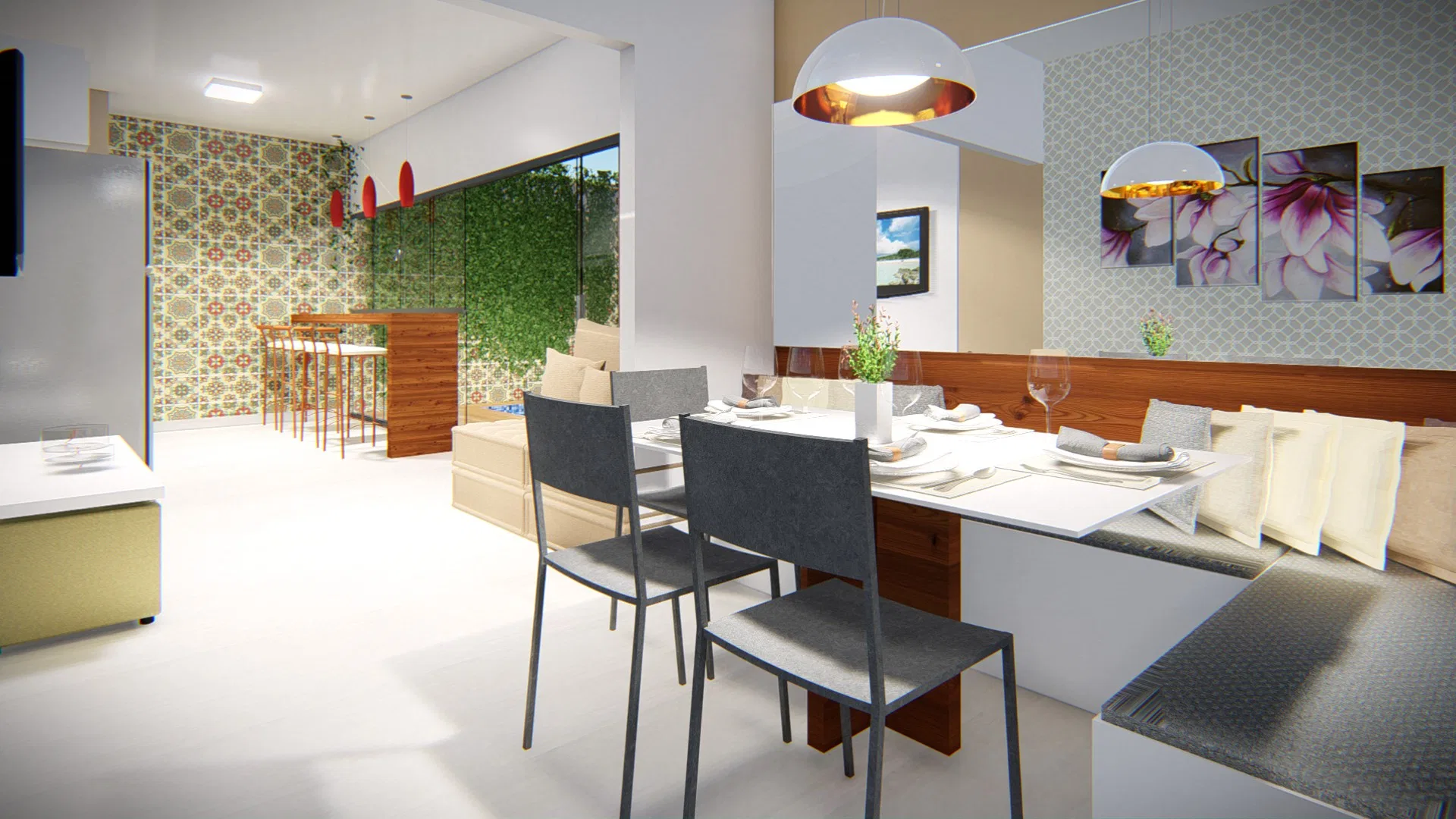 Mesa de jantar diante de parede de azulejos estampados e jardim vertical, com bancada gourmet de madeira e banquetas ao fundo