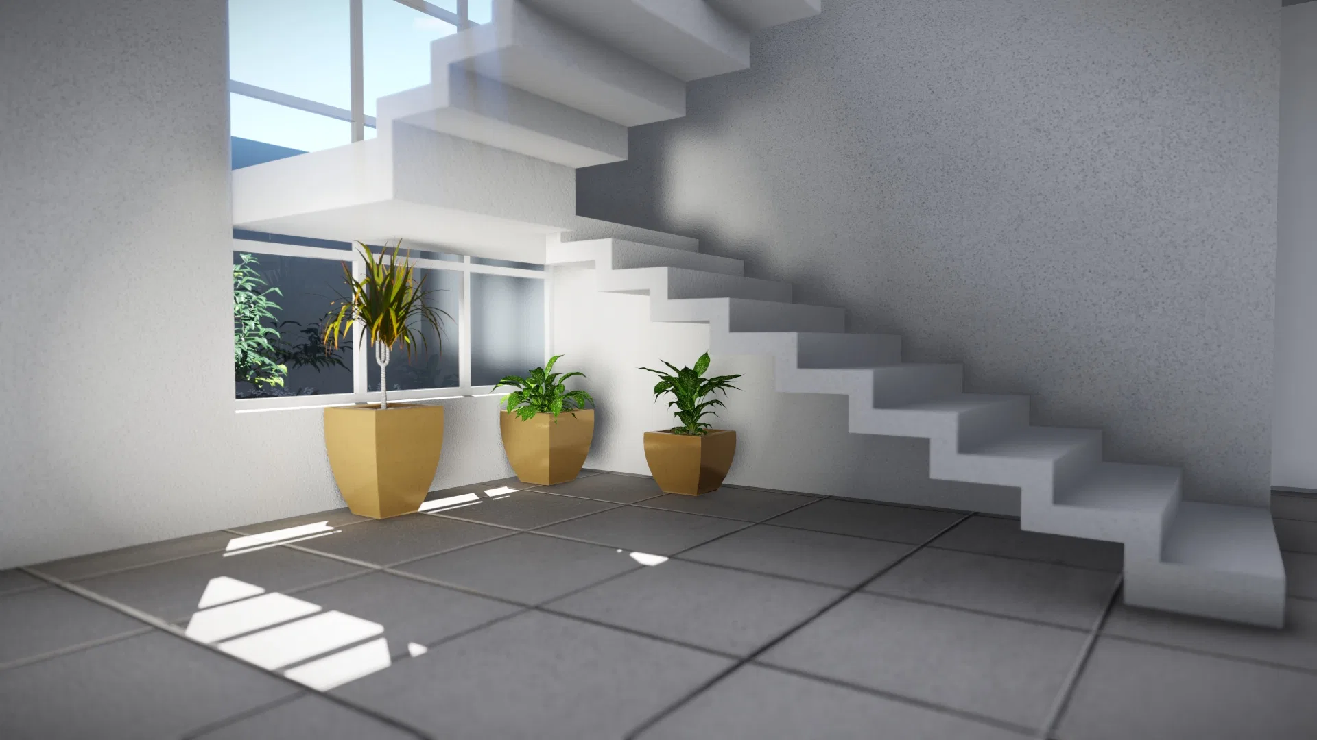 Interior com escada escultural em balanço, piso de porcelanato e vasos amarelos com plantas junto a janela voltada para vegetação externa