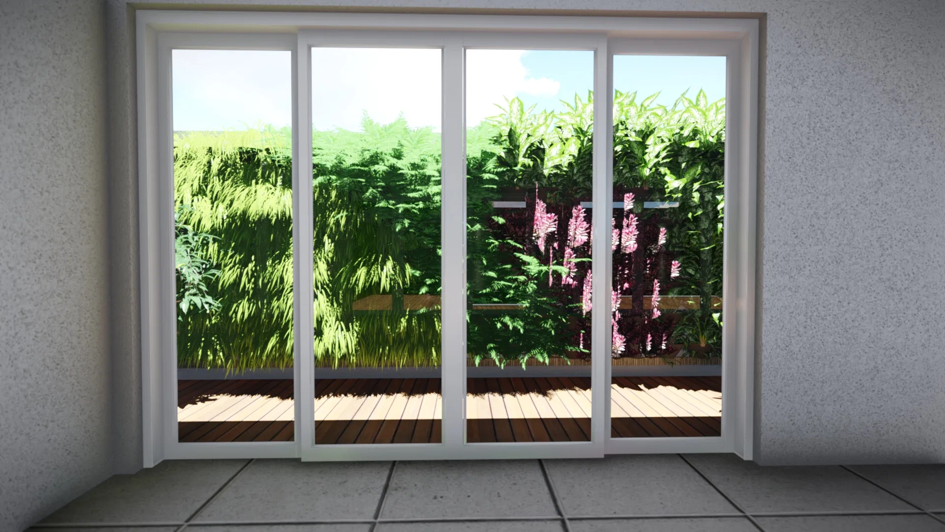 Ambiente interno com ampla porta de correr voltada a deck de madeira e jardim vertical de gramíneas e flores rosadas atrás de guarda-corpo baixo