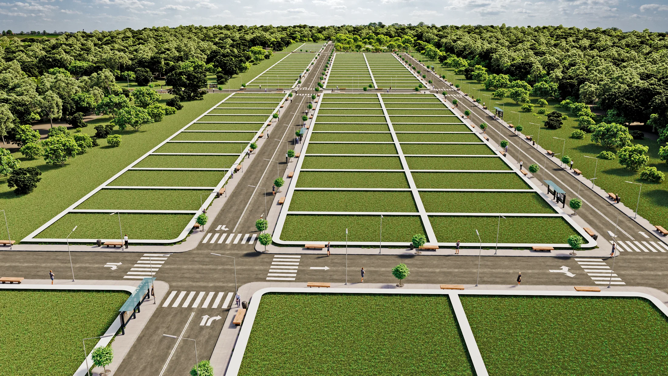 Perspectiva aérea das quadras urbanizadas, com avenidas largas, ponto de ônibus, bancos e mudas de árvores ao longo das calçadas