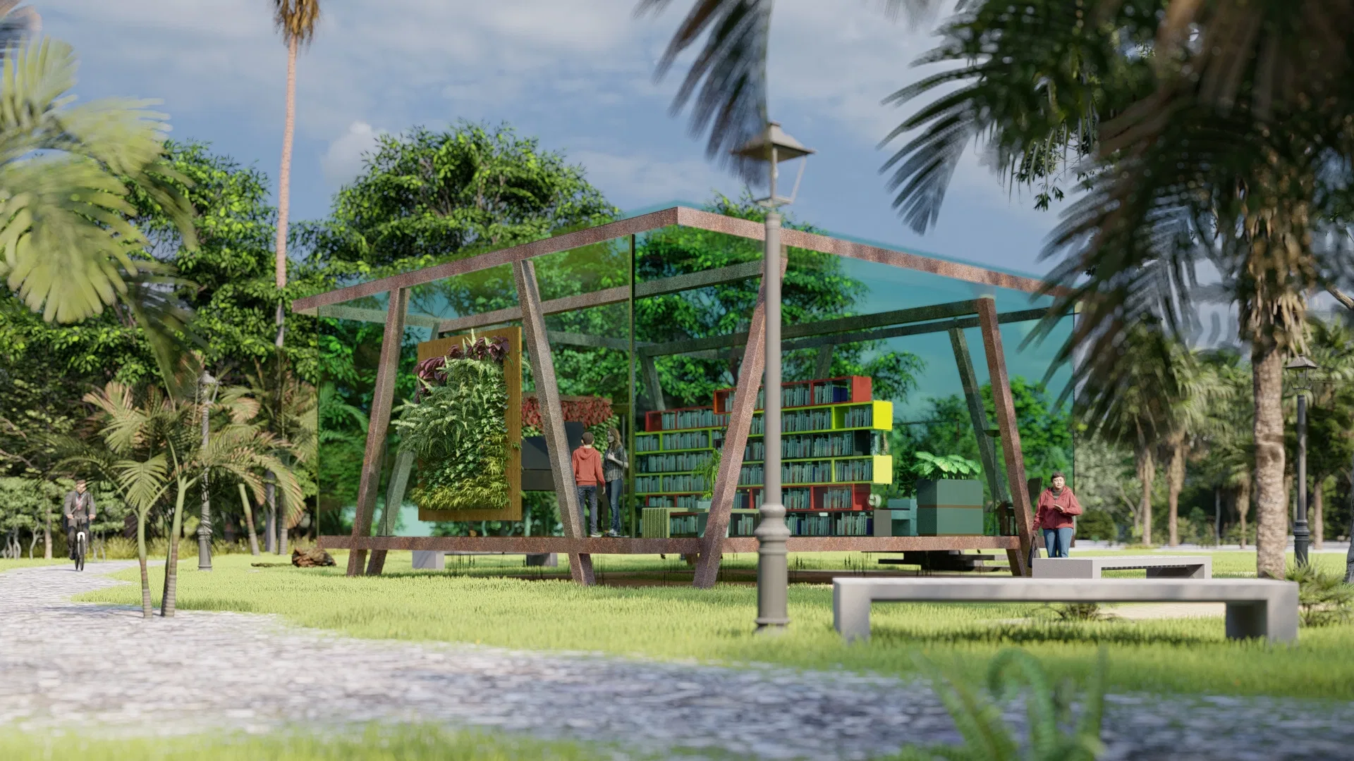 Vista do pavilhão entre palmeiras, com estrutura inclinada, cobertura de vidro, painel de jardim vertical e visitante lendo junto às estantes internas.