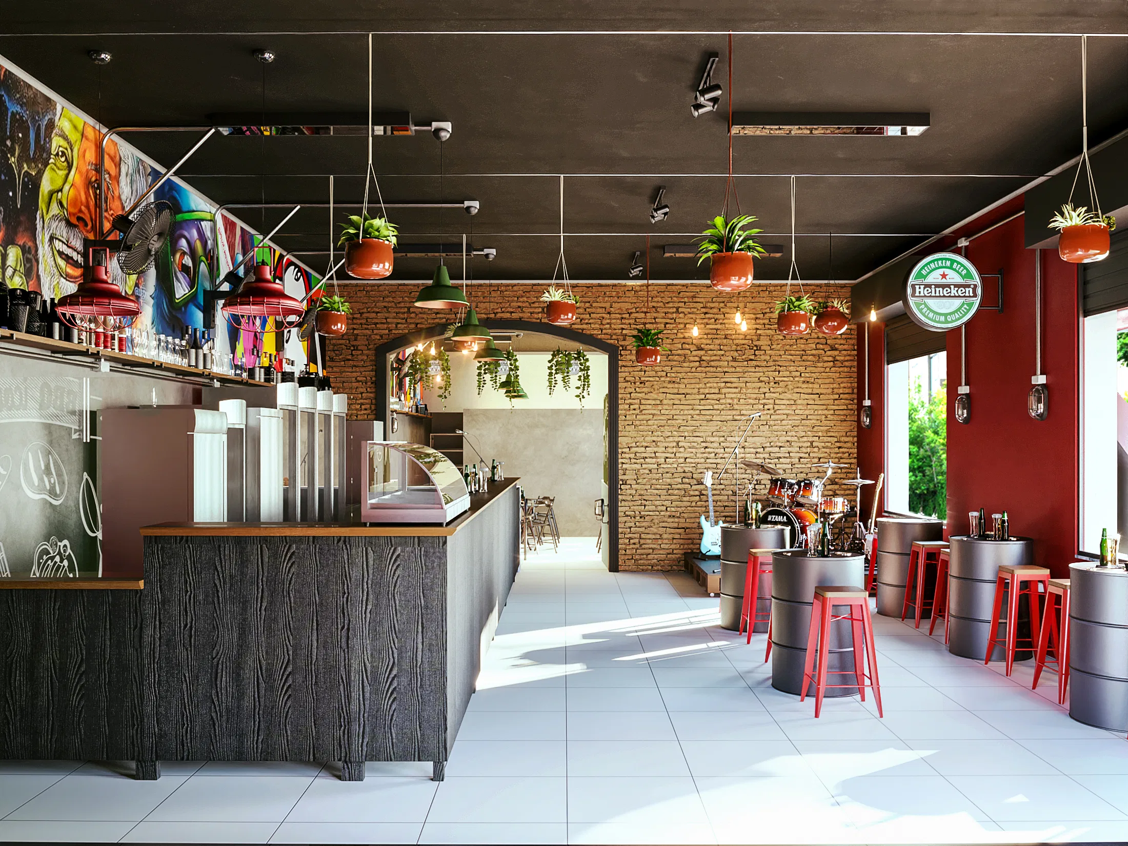 Vista do balcão de bebidas com murais grafitados, banquetas vermelhas sobre tonéis e um pequeno palco com bateria e guitarras ao fundo