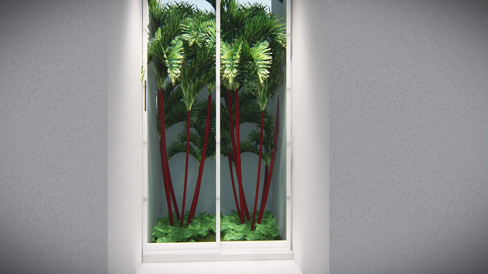 Vitrine envidraçada emoldurando um jardim interno de palmeiras de caule avermelhado sobre forração verde, contra parede branca lisa