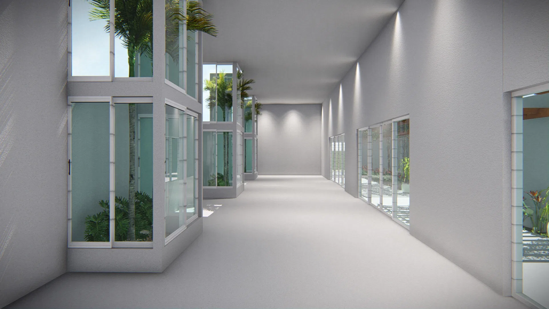 Hall interno branco com jardins emoldurados por vidro tipo vitrine, palmeiras ao fundo, luminárias embutidas no teto e piso claro contínuo