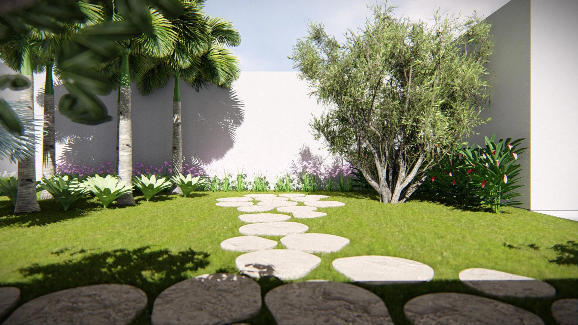 Outro trecho do jardim com pedras irregulares no gramado, palmeiras de tronco verde, árvore frondosa e canteiro de flores lilás