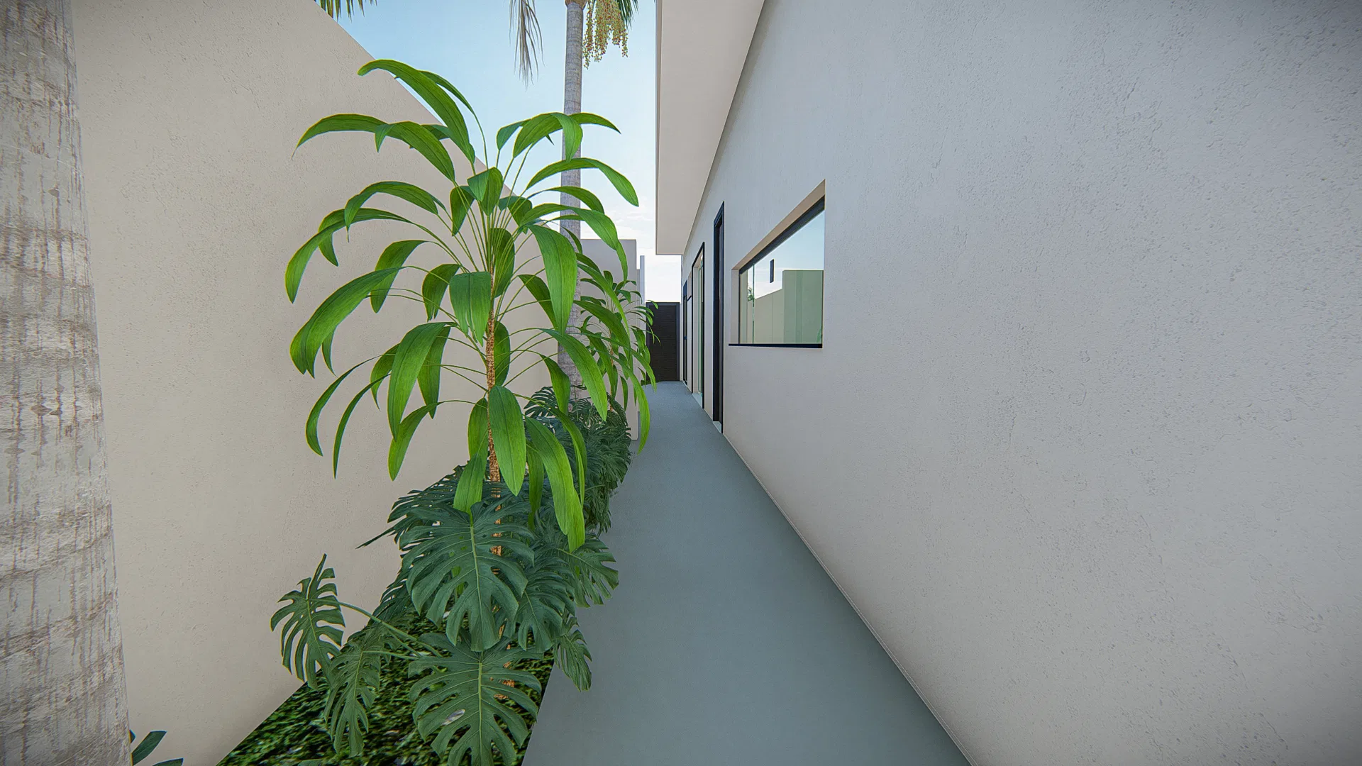 Corredor lateral estreito entre muros, com jardineira contínua de folhagens e janela ao fundo