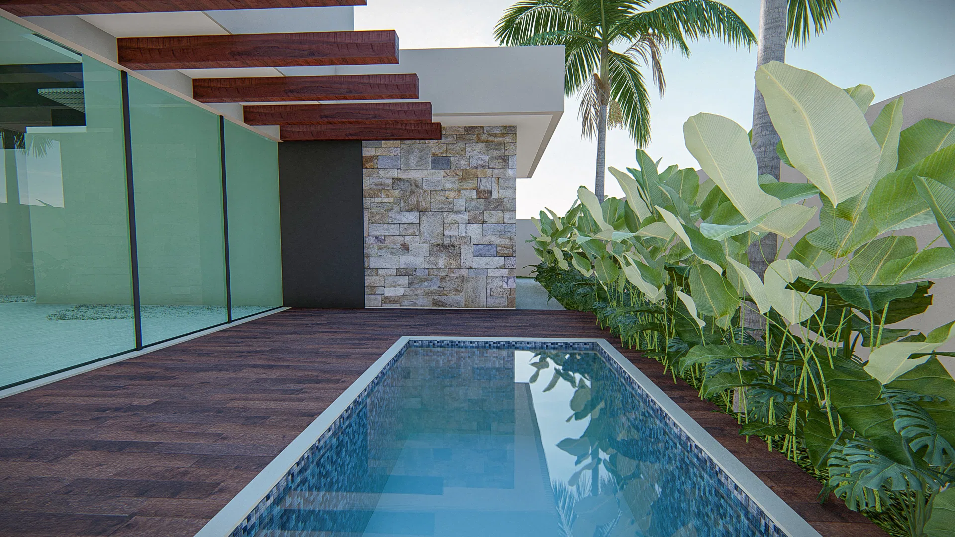 Vista em ângulo da piscina com painel de pedra ao fundo, vigas de madeira e folhagem tropical densa