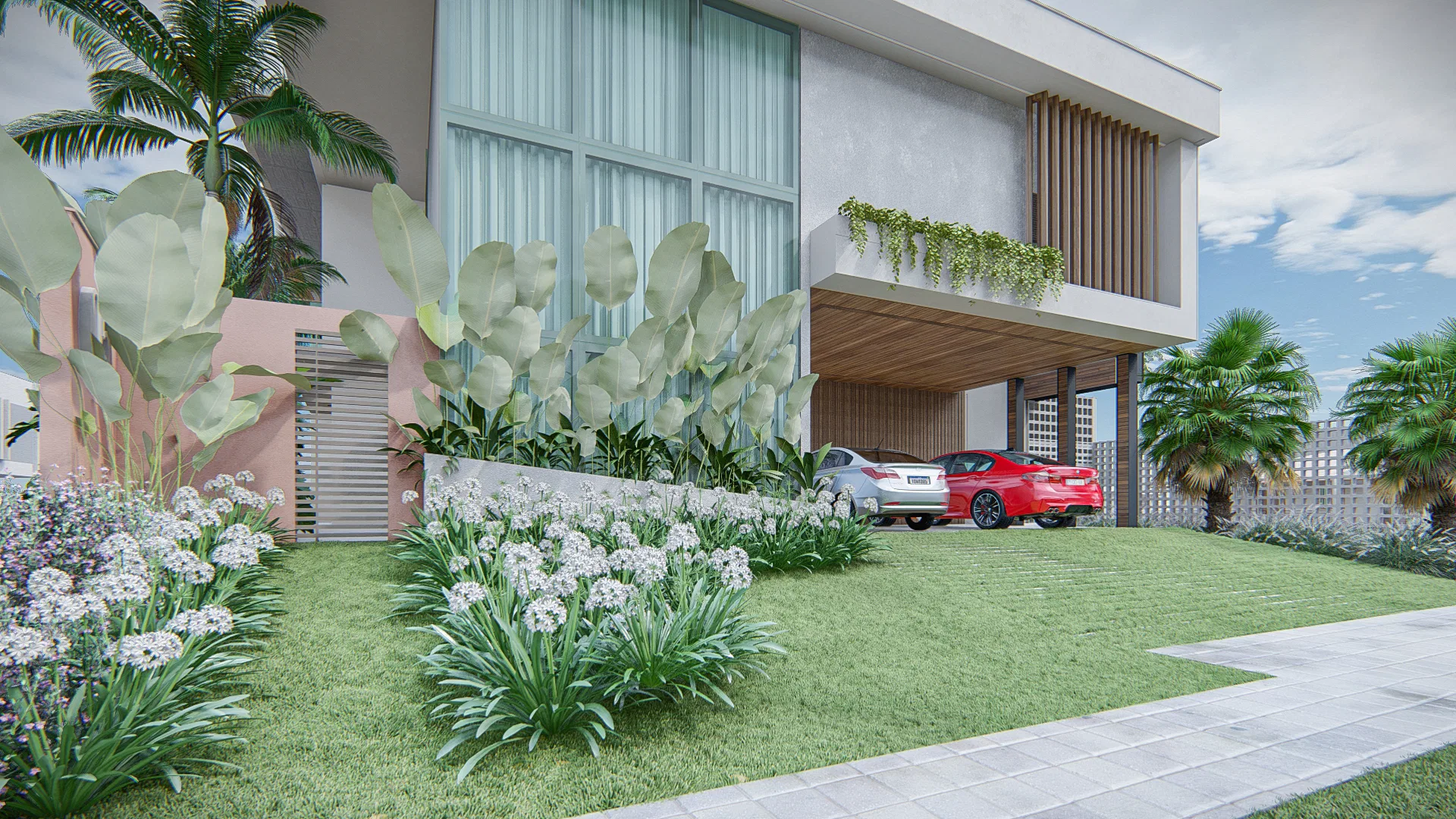 Vista aproximada da entrada com canteiro de folhagens grandes junto à fachada e garagem com dois veículos ao fundo