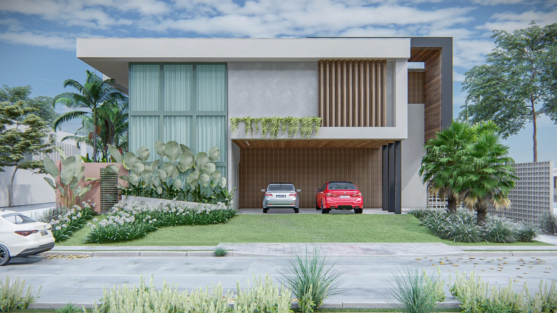 Fachada diurna com revestimento cimentício, brises verticais de madeira, garagem com dois carros e jardim de palmeiras e folhagens