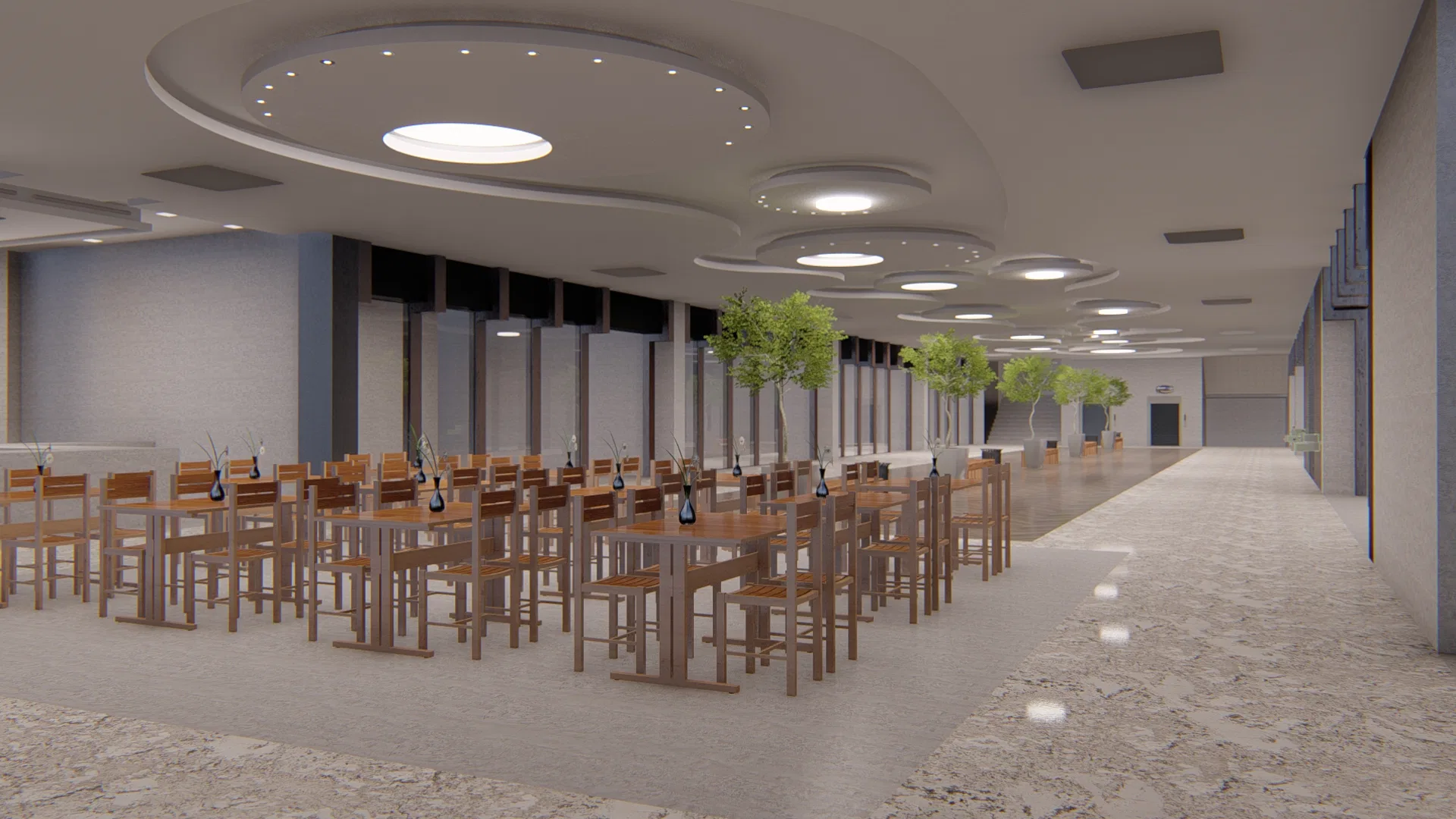 Hall interno amplo com mesas e cadeiras de madeira, forro circular escalonado com iluminação embutida, árvores em vasos e piso de terrazzo.