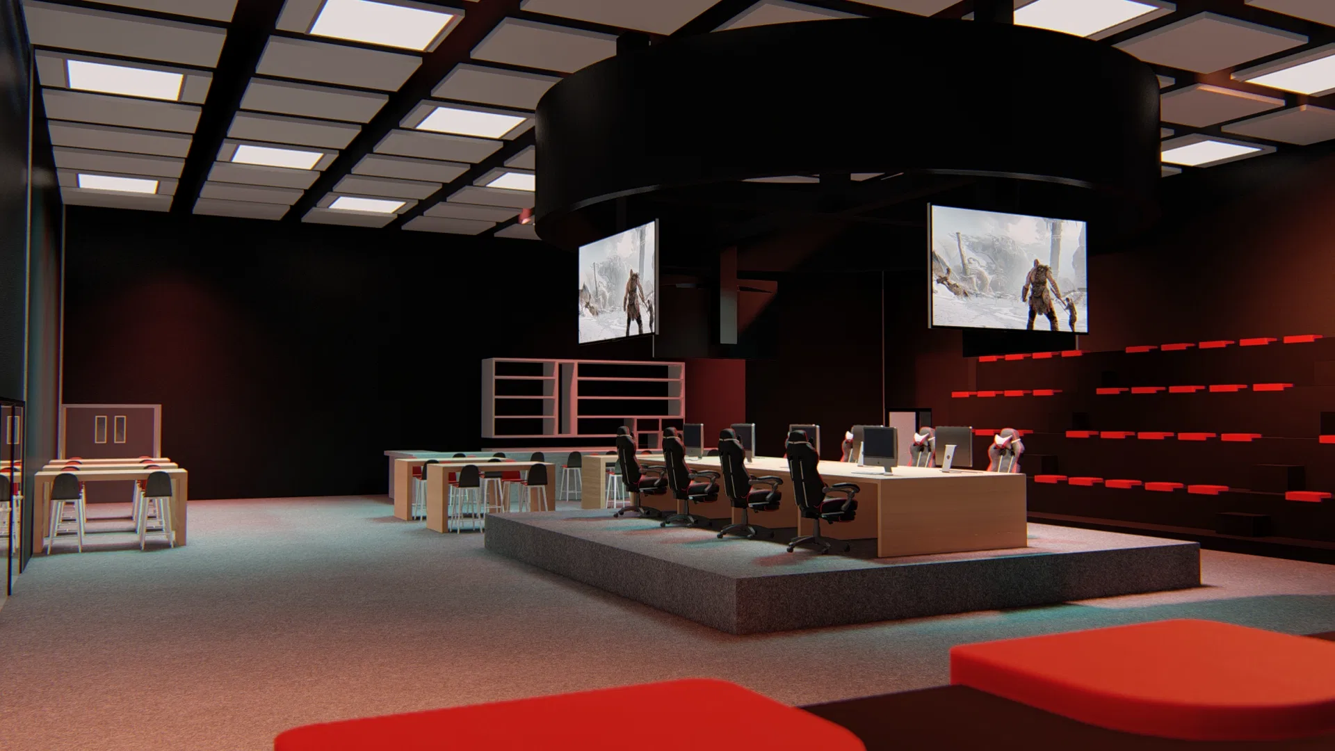 Arena de e-sports com palco elevado de estações gamer, duas grandes telas, treliça circular de luz e arquibancada iluminada em vermelho no escuro.