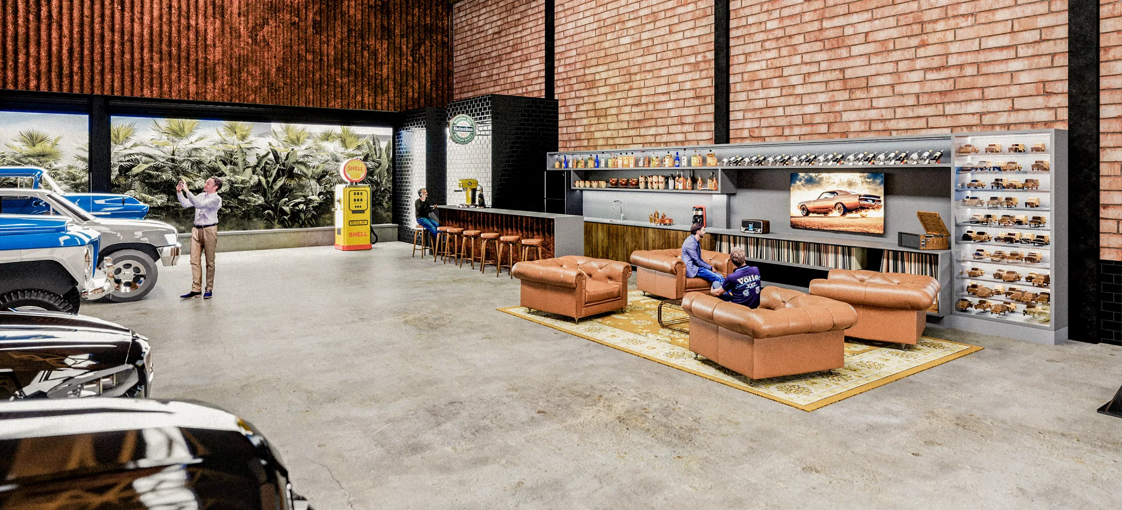 Lounge interno com poltronas de couro caramelo sobre tapete, bomba de combustível antiga, bar com banquetas e prateleira de miniaturas de carros.