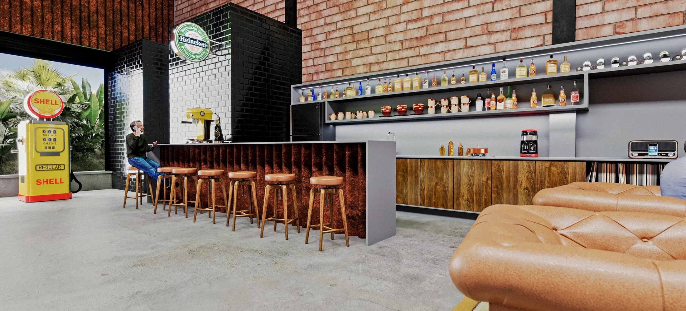 Detalhe do bar com bancada de madeira, banquetas altas de couro, prateleiras de garrafas, letreiros retrô e uma bomba de combustível antiga.