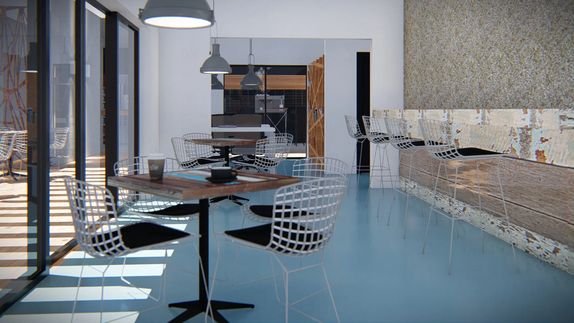 Área de café com cadeiras de fio branco, mesas de madeira e piso resinado azul, iluminada por grandes esquadrias e pendentes industriais