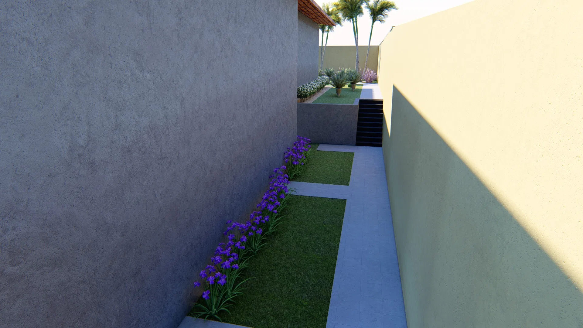 Passagem estreita entre muros cinza e amarelo, com placas de concreto e faixas de grama, flores roxas alinhadas e degraus para um terraço plantado