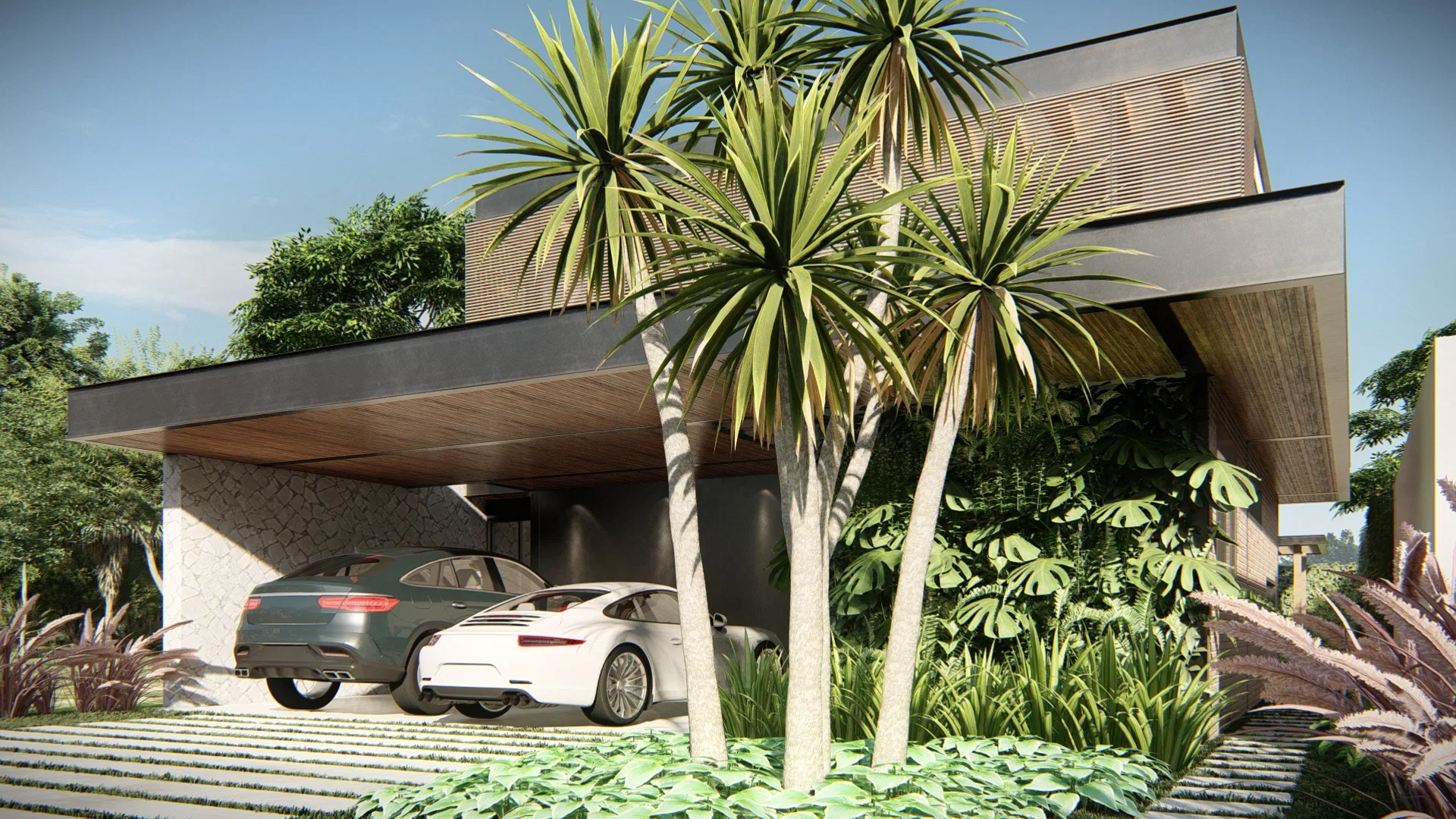 Fachada vista de frente com carport em pedra, dois carros estacionados e canteiro de plantas de folhas pontiagudas na entrada