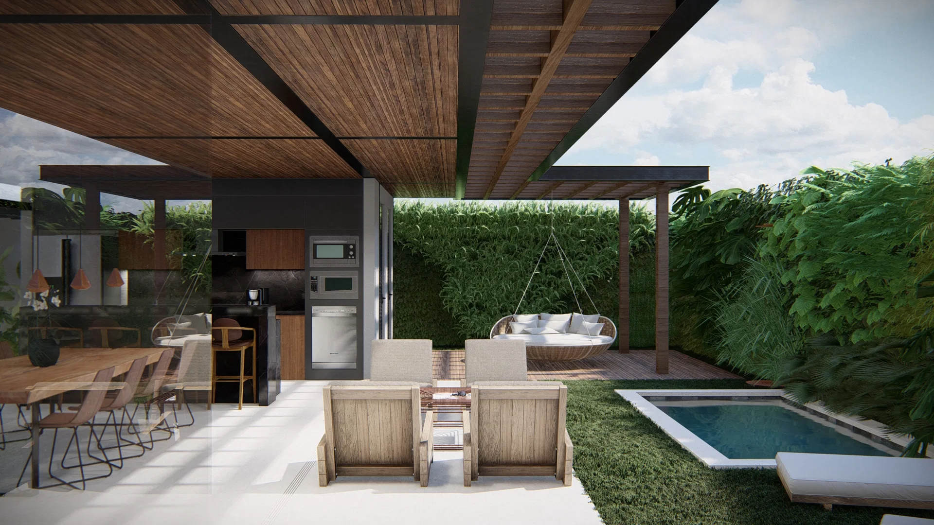 Área externa coberta com cozinha compacta, poltrona suspensa de fibra, pergolado de madeira e piscina retangular ao lado do jardim