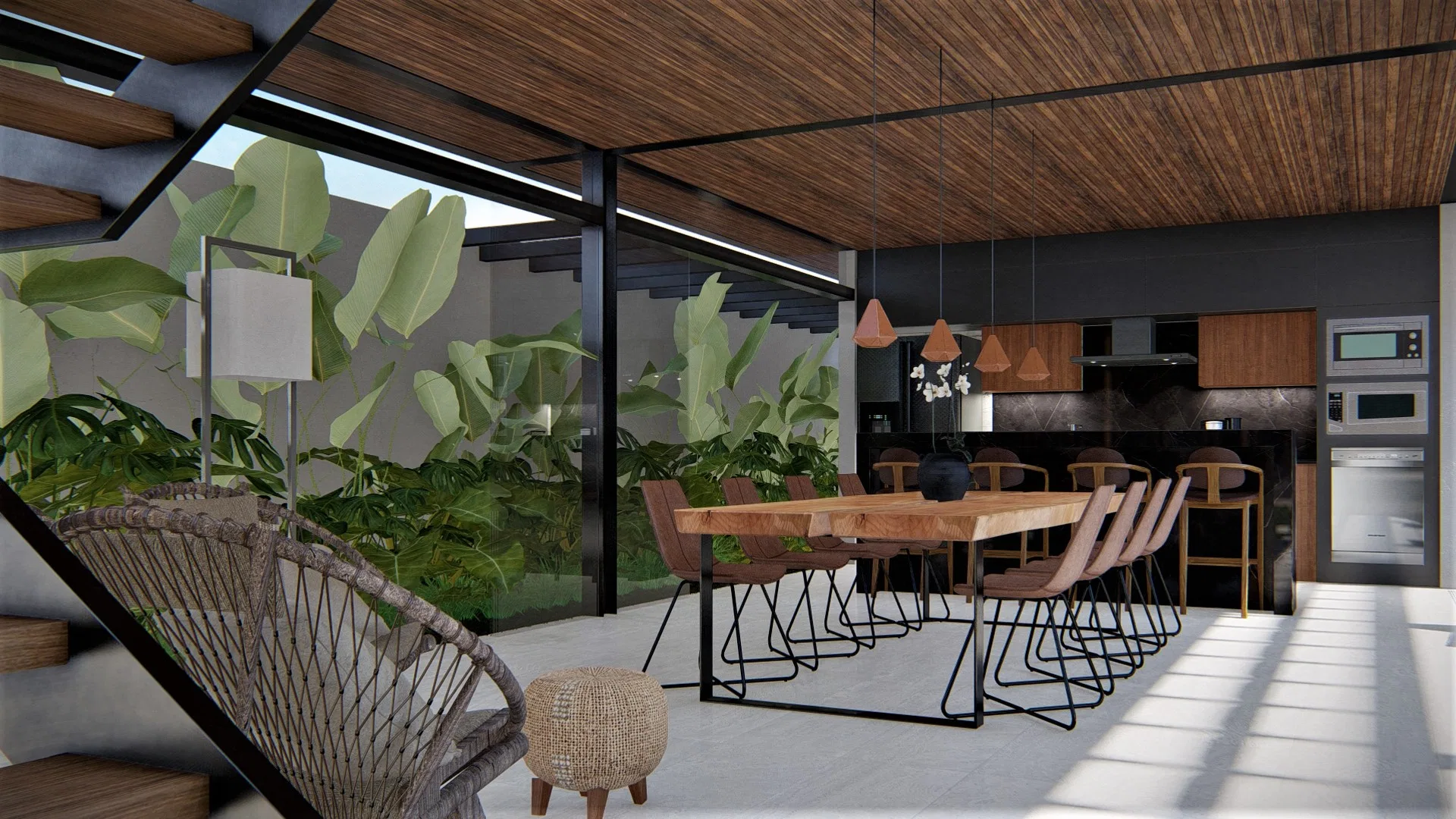 Sala de jantar com mesa de madeira e cadeiras estofadas, cozinha com marcenaria escura ao fundo e vegetação tropical junto ao vidro