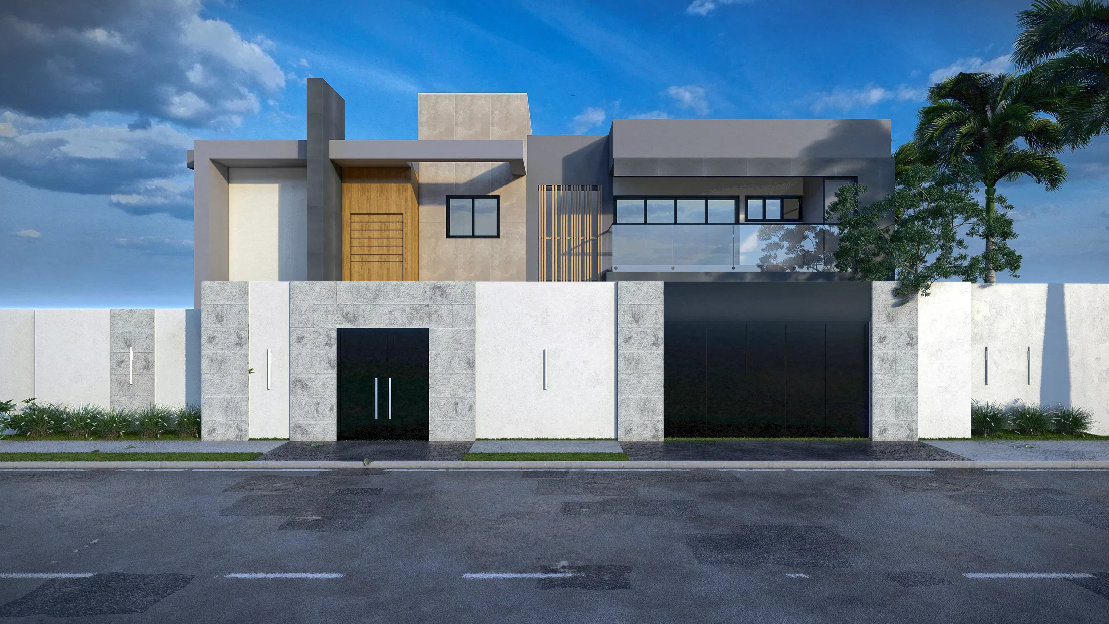 Fachada frontal de residência contemporânea de dois pavimentos atrás de muro em placas de pedra, com portão pivotante de madeira e portão escuro de veículos