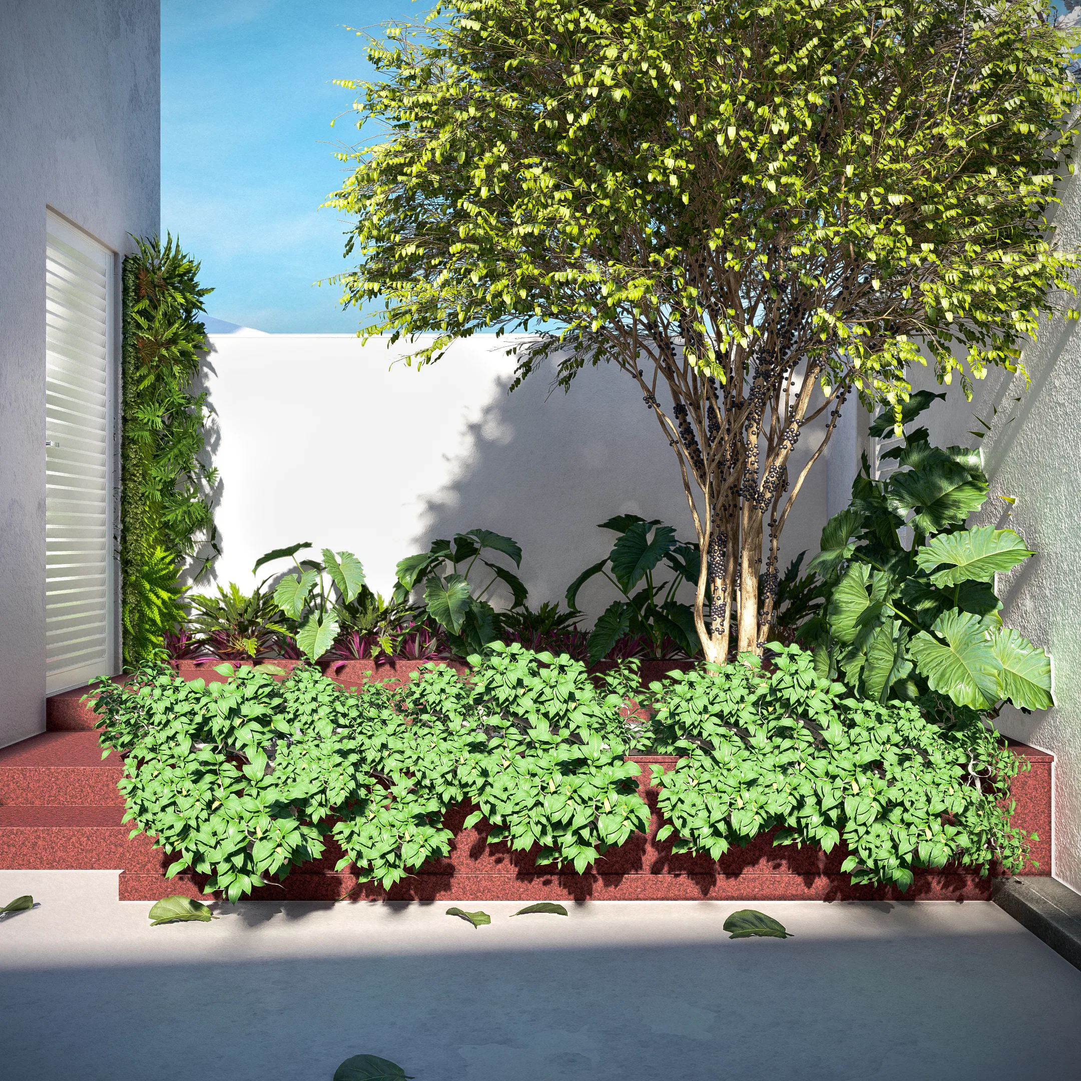 Pátio de entrada com degraus revestidos, jardim vertical junto à porta e canteiro com árvore de pequeno porte e folhagens