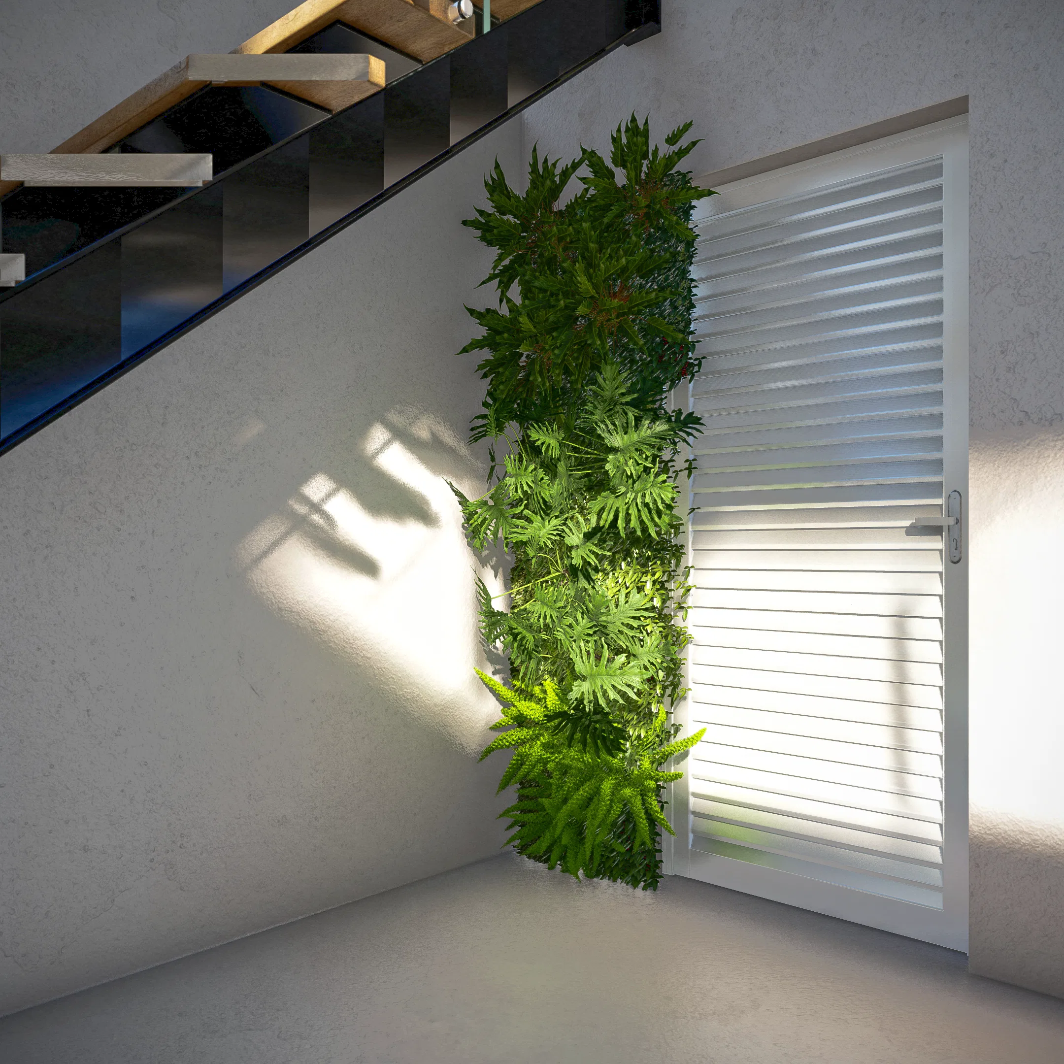 Jardim vertical de folhagens junto a escada interna, ao lado de porta ripada branca com luz natural passando