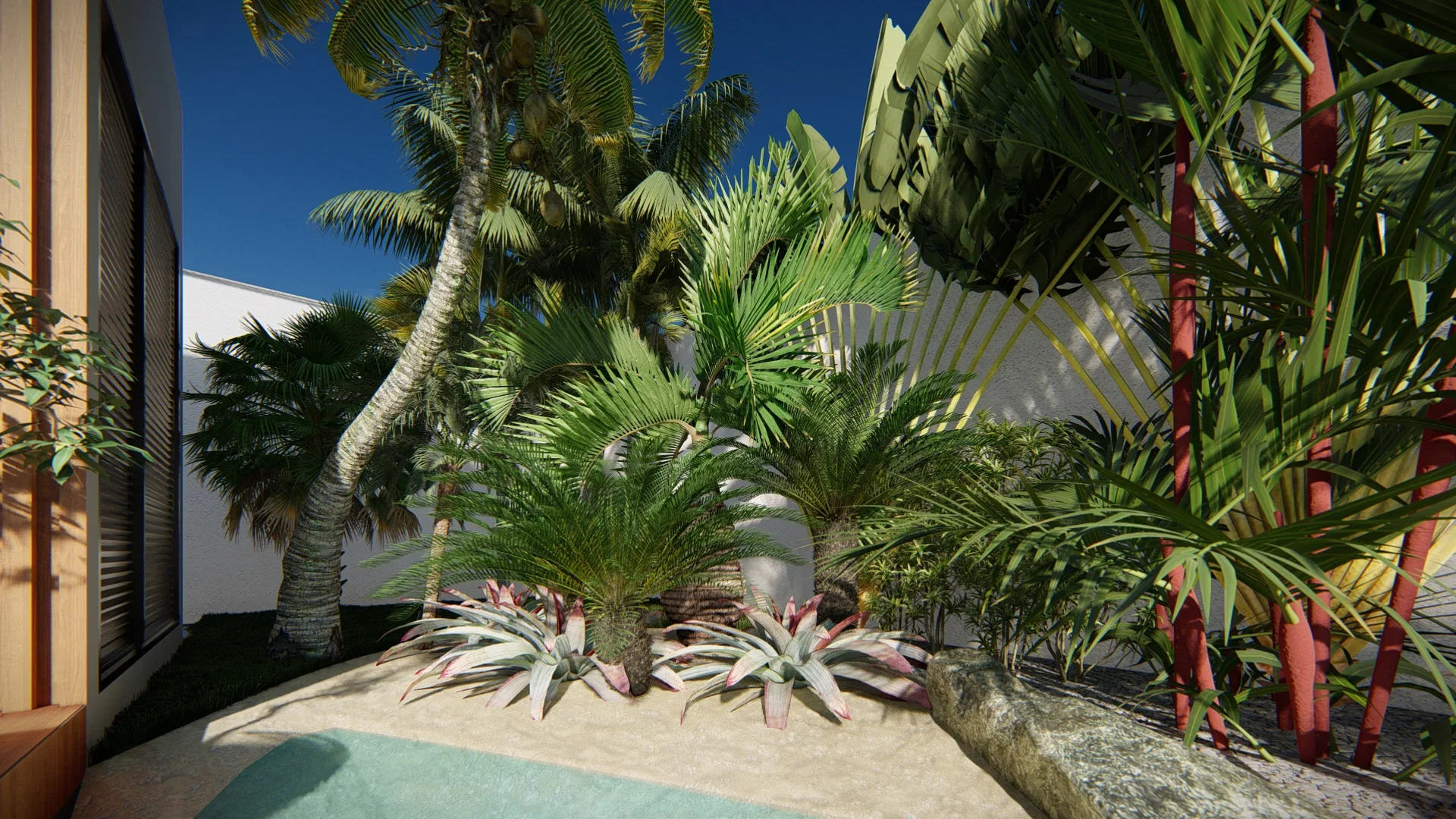 Canto de piscina com coqueiro, cicas e bromélias de centro rosado, palmeiras de caule vermelho e pedra sobre leito de areia