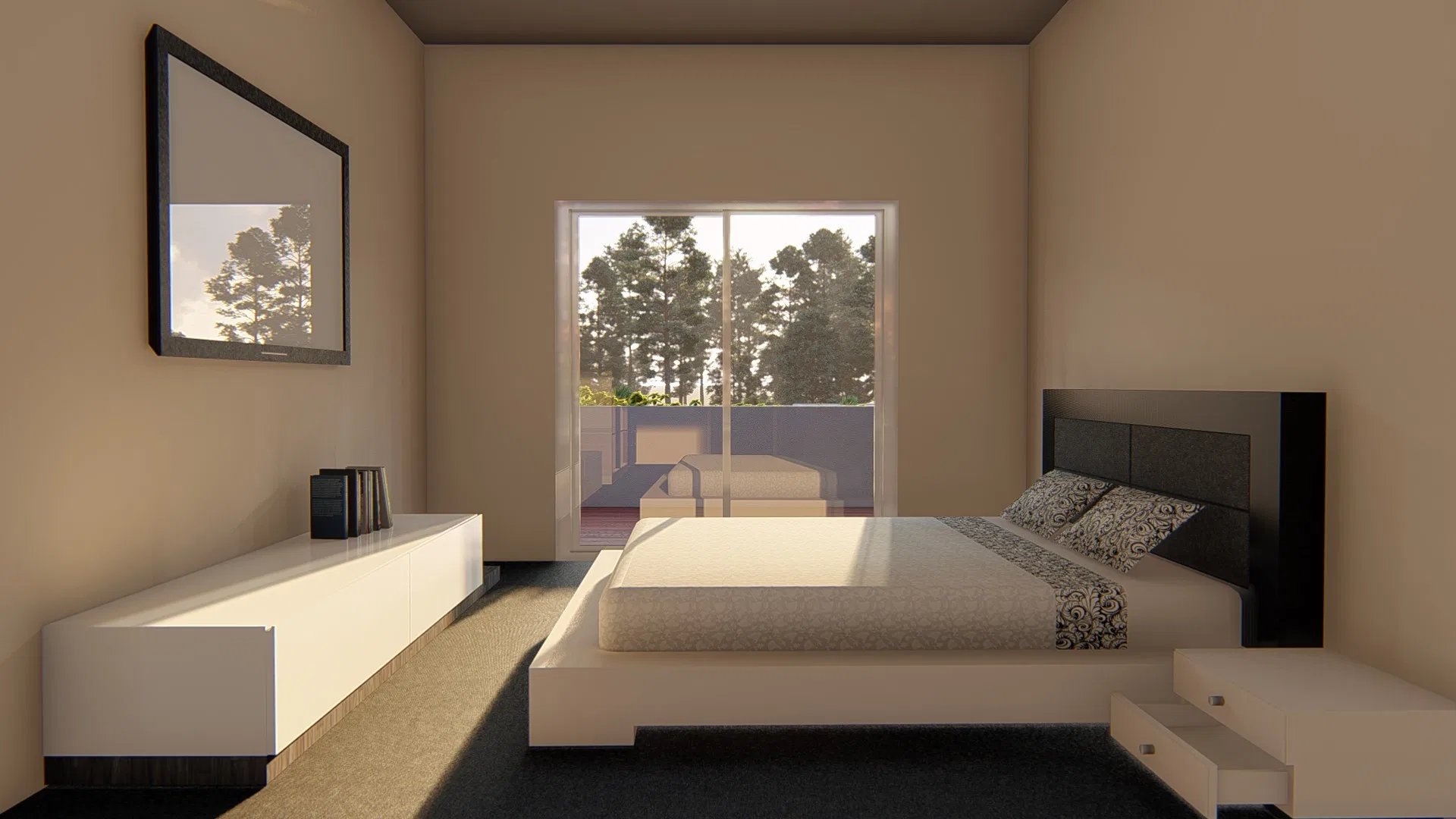 Dormitório decorado em tons bege, com cama de plataforma, cabeceira estofada, aparador branco e porta de vidro para varanda com vista arborizada.