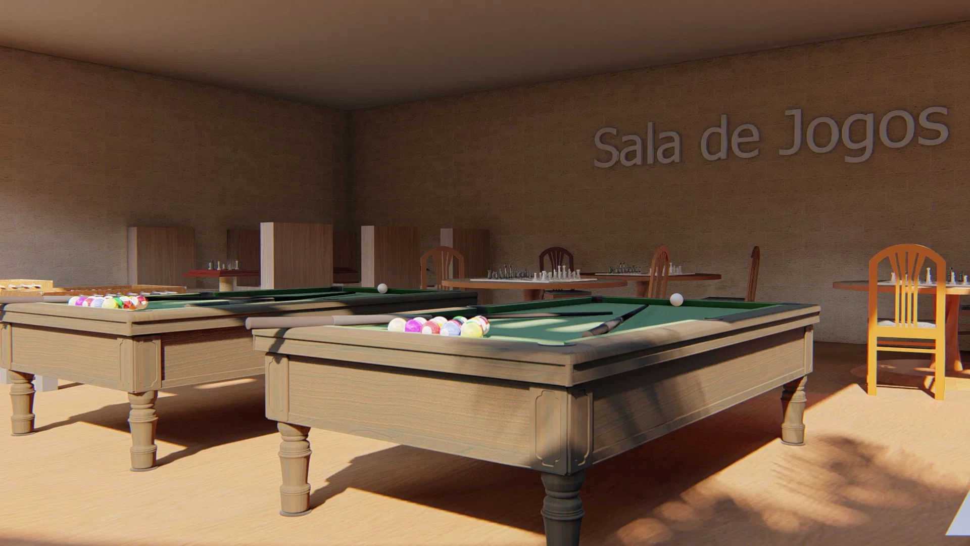 Salão de jogos com duas mesas de sinuca de feltro verde, mesas de xadrez ao fundo e o dizer Sala de Jogos na parede.